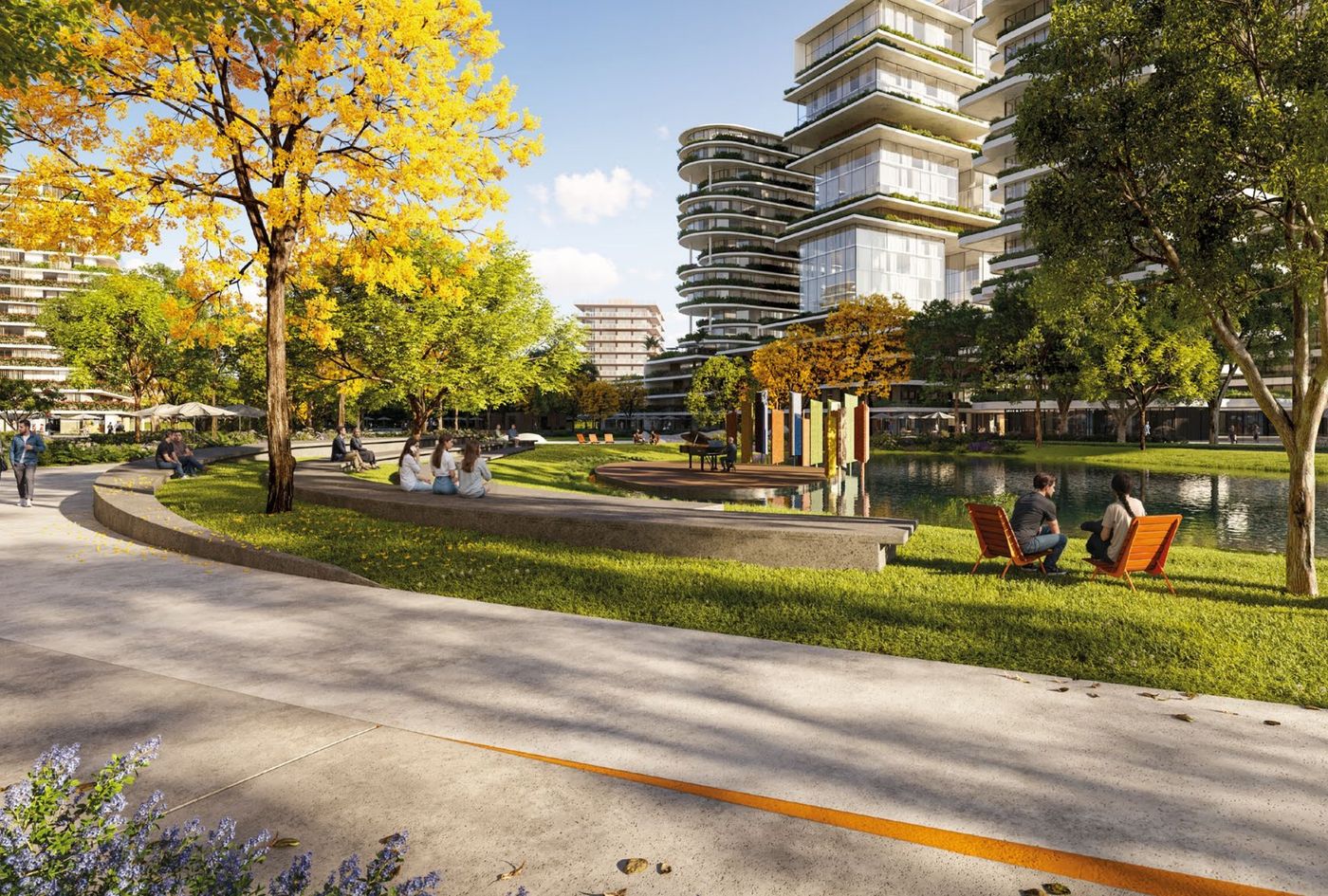 Parque do Vivapark com pista de caminhada e prédios ao fundo