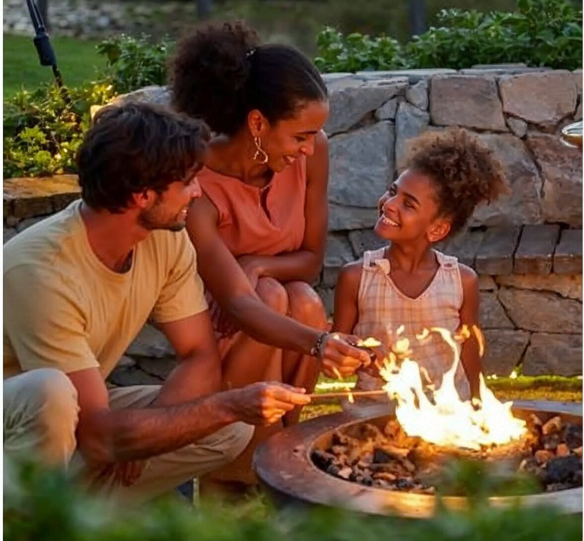 Family around a fireplace at the Vivapark park at dusk