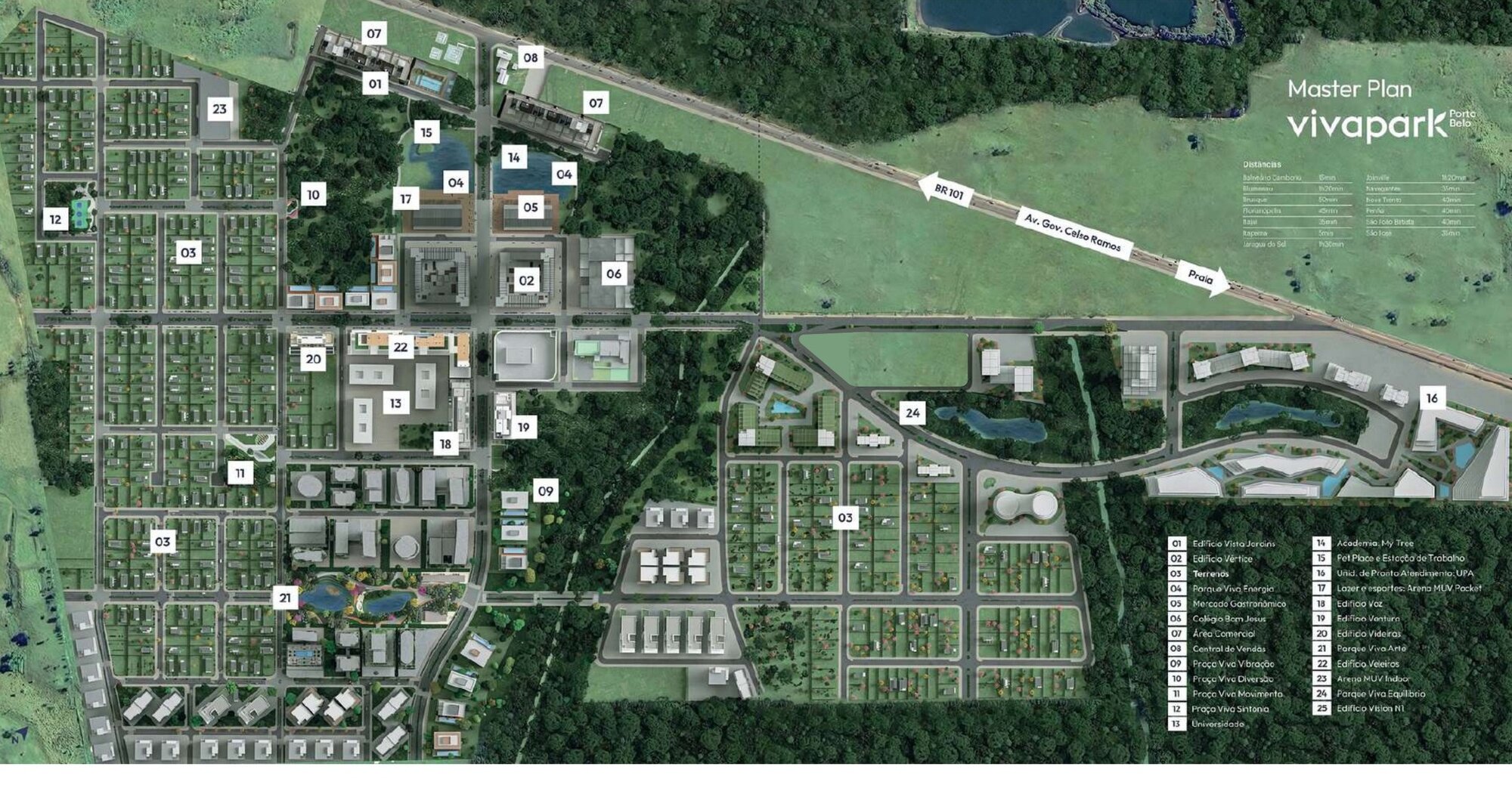 Masterplan do Vivapark Porto Belo com as expansões 1, 2 e 3 numeradas