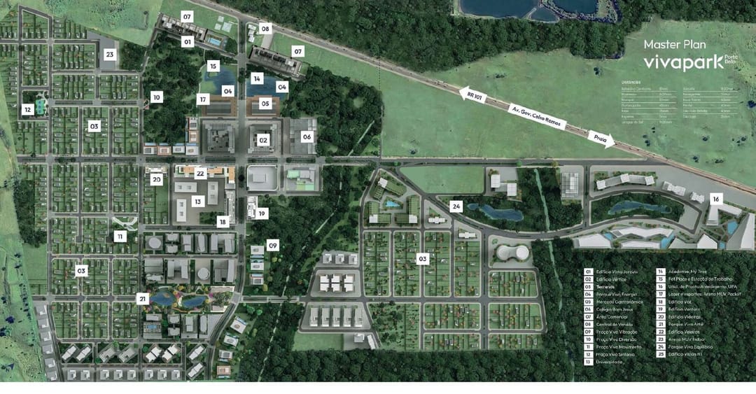 Masterplan do Vivapark Porto Belo com as expansões 1, 2 e 3 numeradas