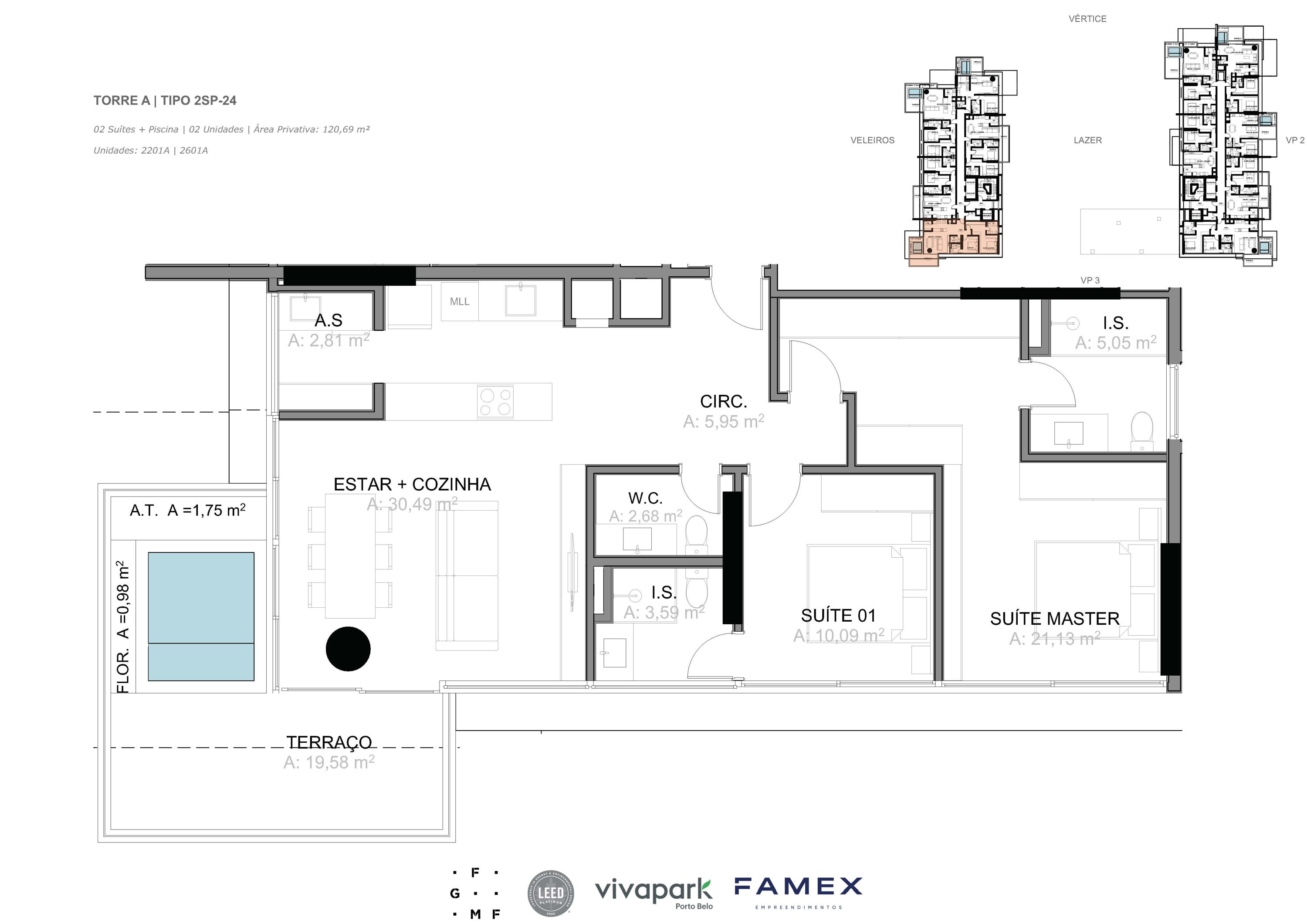 Torre A · Tipo 2SP-24 · 02 Suítes + Piscina · 120,69 m² · VITTA 27 · Vivapark Porto Belo