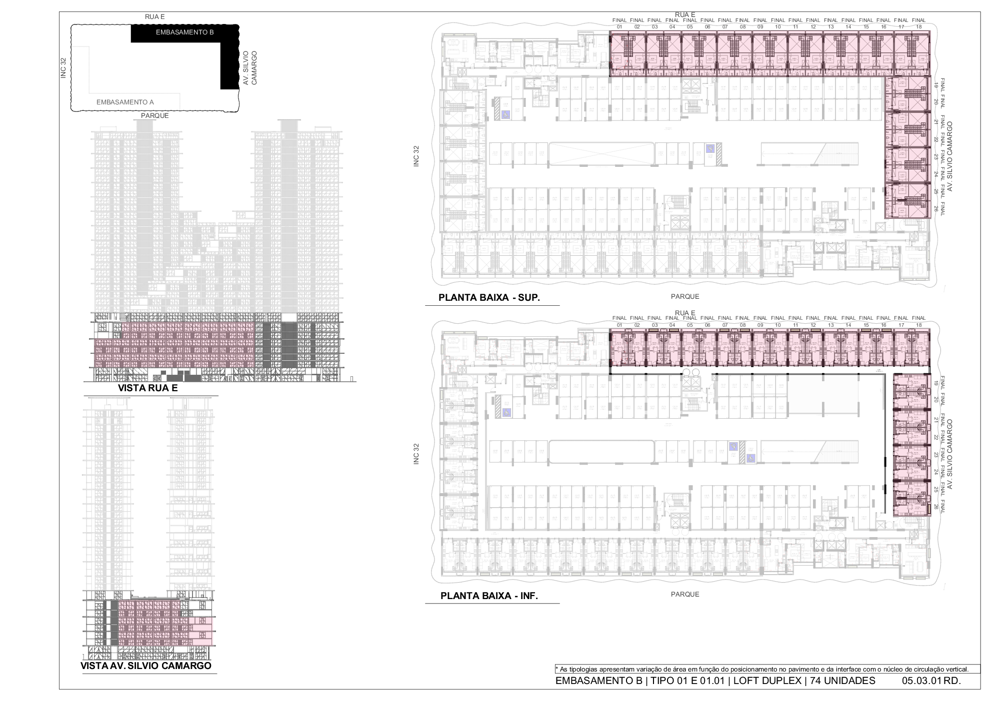 Embasamento B – Tipo 01/01.01 Loft Duplex – planta dos pavimentos (74 un.) · INC 31 · Vivapark Porto Belo
