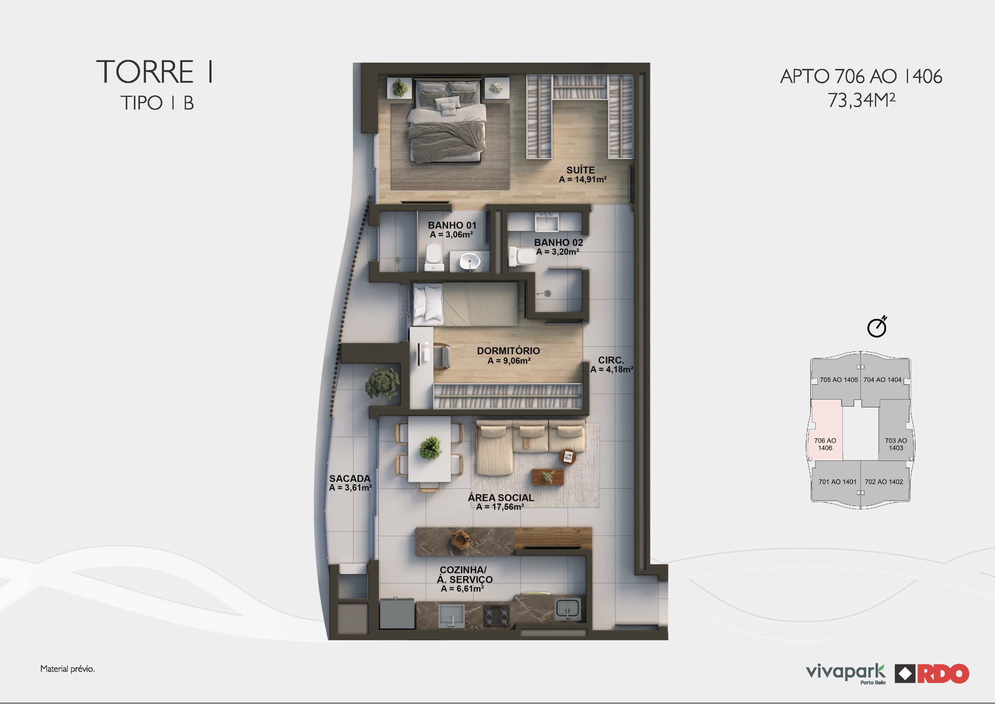 Torre 1 · Tipo 1B · 706 ao 1406 · 73,34 m²