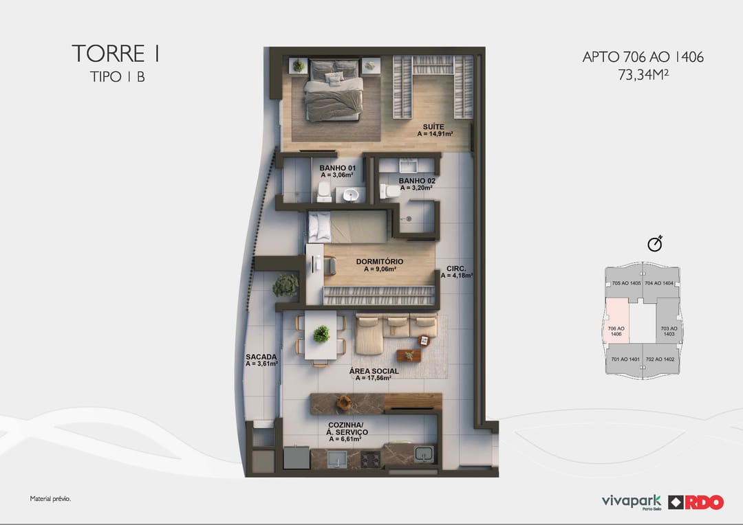 Torre 1 · Tipo 1B · 706 ao 1406 · 73,34 m² · Valence · Vivapark Porto Belo
