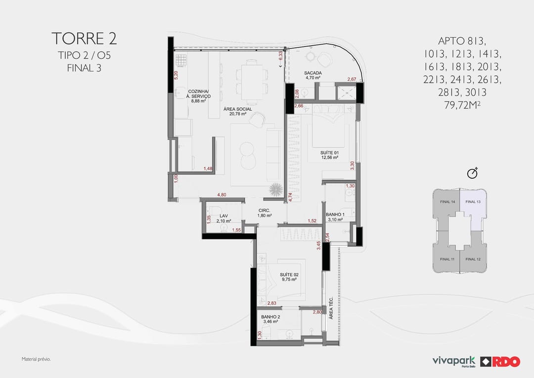 Torre 2 · Tipo 2 O5 · final 3 (andares pares) · Valence · Vivapark Porto Belo
