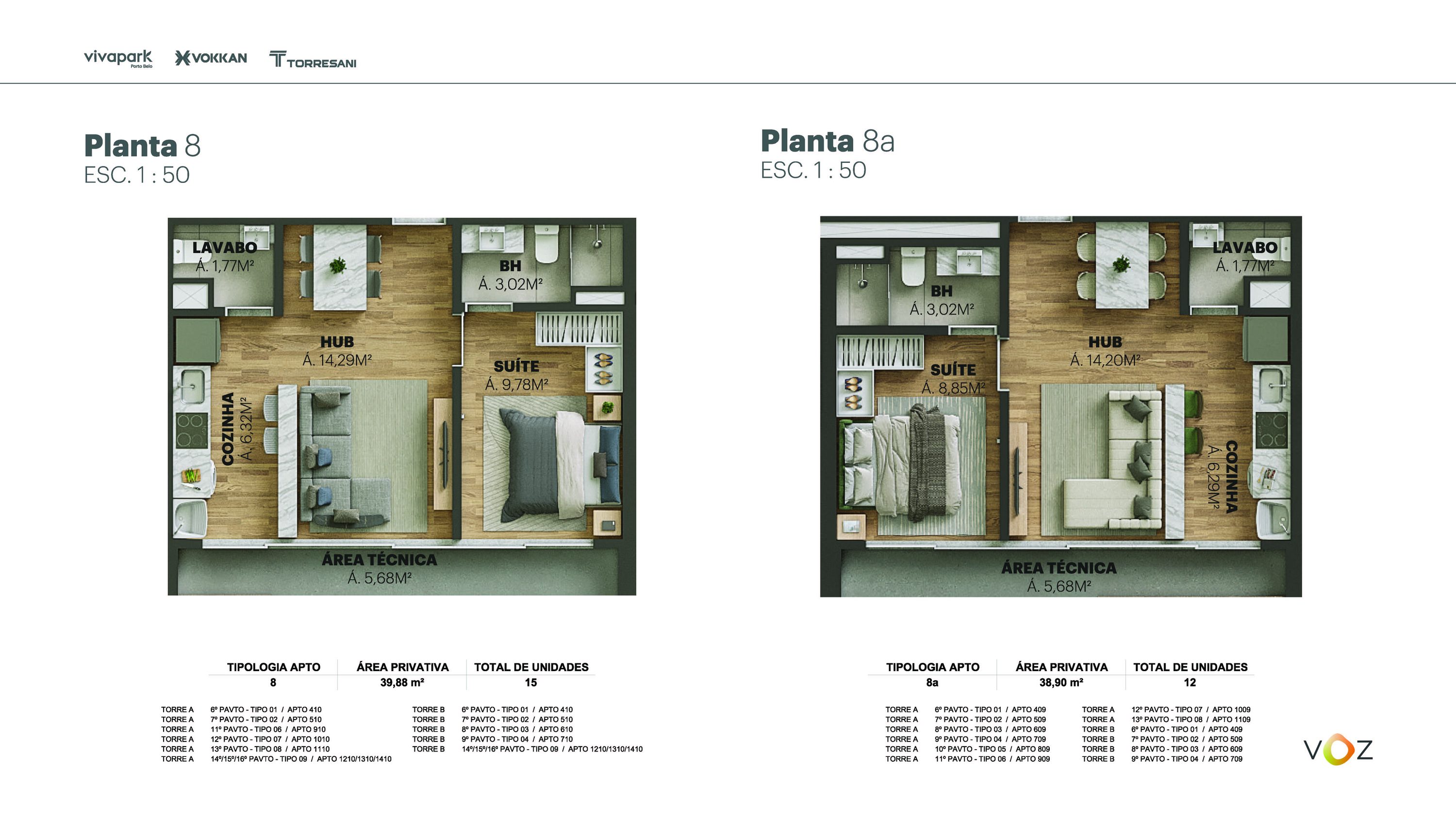 Plantas 8 e 8a · 39,88 / 38,90 m² · A: 410, 510, 910, 1010, 1110, 1210/1310/1410 · B: 410, 510, 610, 710, 1210/1310/1410 · 8a: A 409, 509, 609, 709, 809, 909, 1009, 1109 · B 409, 509, 609, 709 · Voz · Vivapark Porto Belo