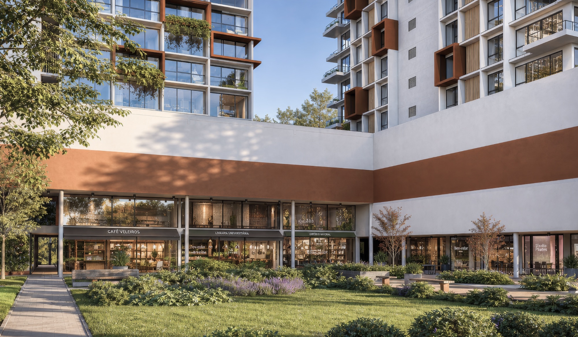 Pátio interno com lojas e cafés · Veleiros · Vivapark Porto Belo