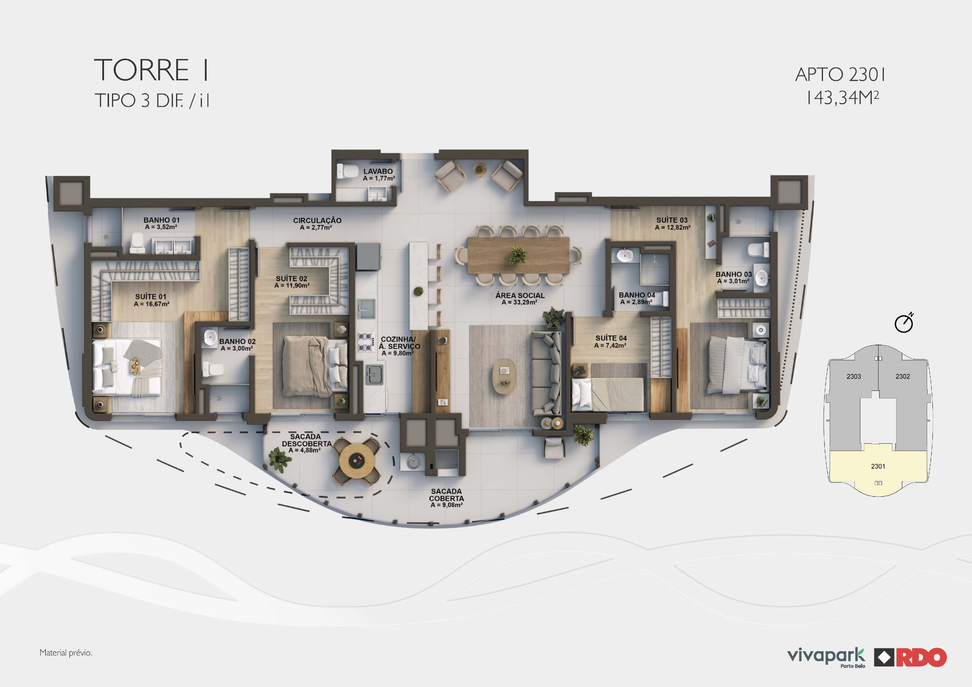 Torre 1 · Tipo 3 dif. I1 · Apto 2301 · 143,34 m²