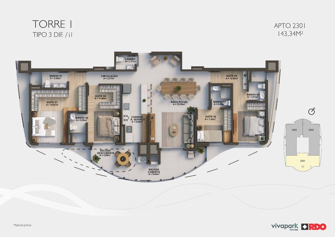 Torre 1 · Tipo 3 dif. I1 · Apto 2301 · 143,34 m² · Valence · Vivapark Porto Belo