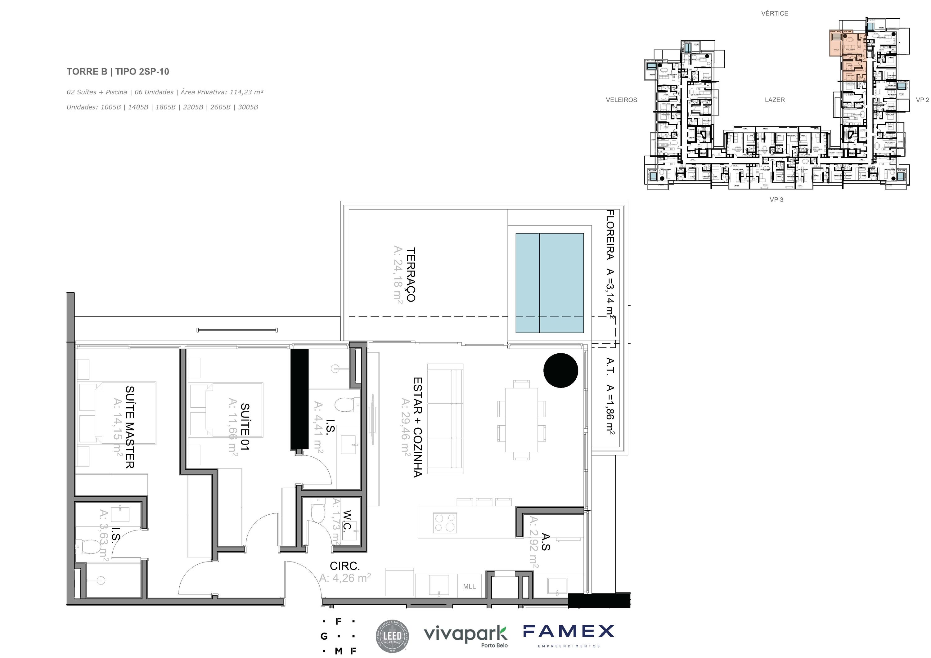 Torre B · Tipo 2SP-10 · 02 Suítes + Piscina · 114,23 m²