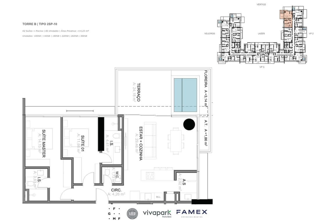 Torre B · Tipo 2SP-10 · 02 Suítes + Piscina · 114,23 m² · VITTA 27 · Vivapark Porto Belo
