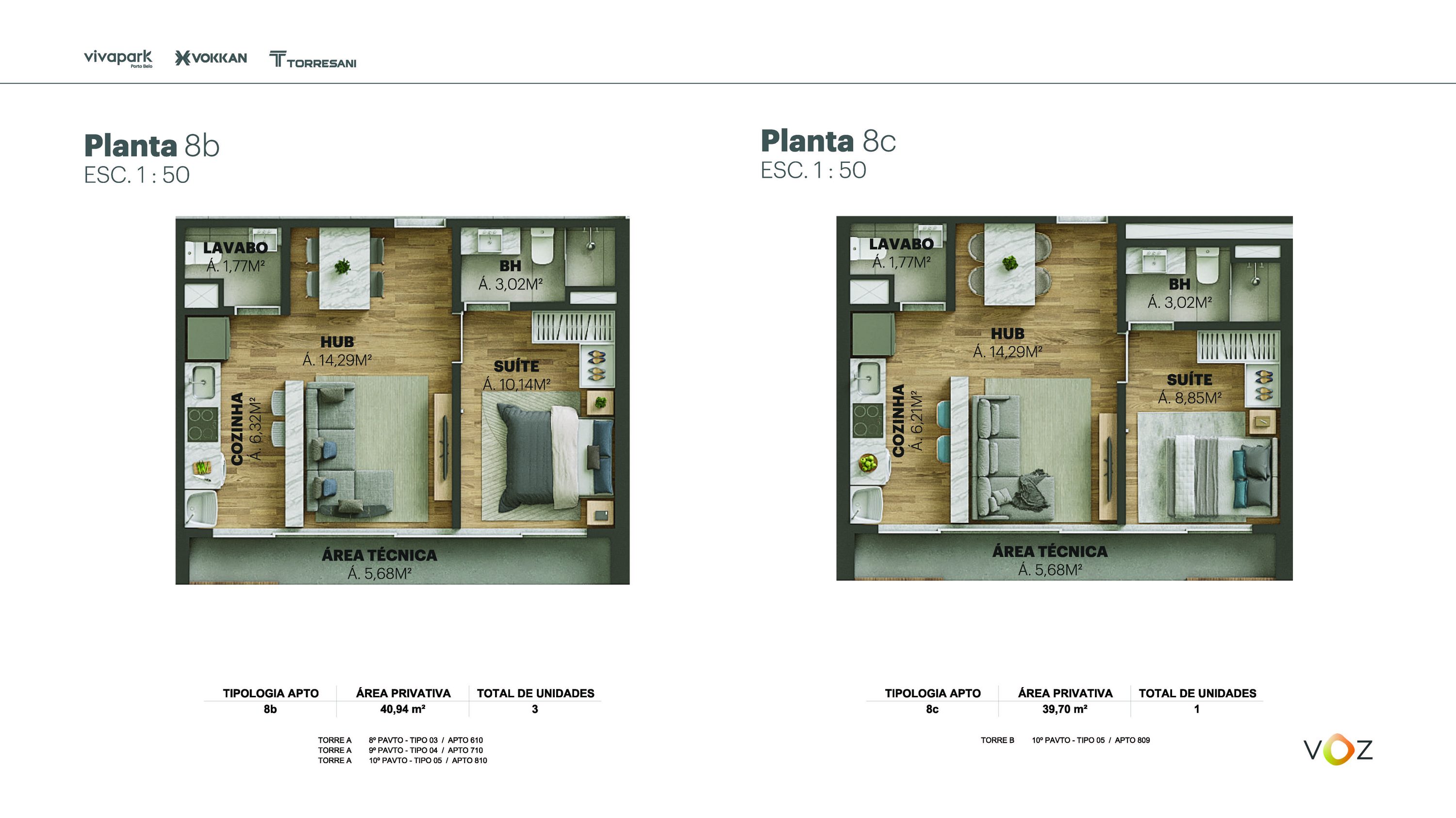 Plantas 8b e 8c · 40,94 / 39,70 m² · A: 610, 710, 810 · B: 809 · Voz · Vivapark Porto Belo