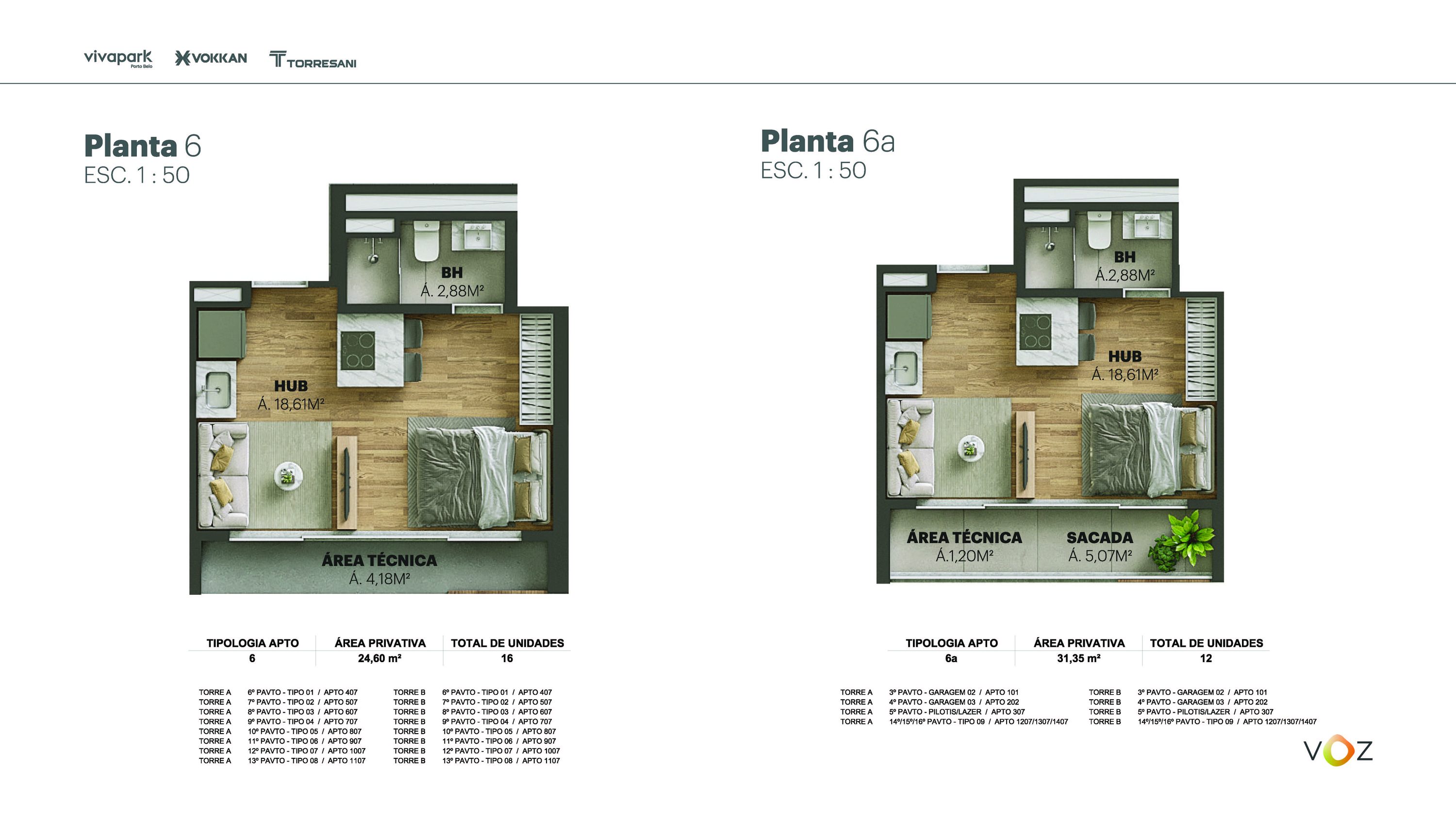 Plantas 6 e 6a · 24,60 / 31,35 m² · A e B: 407 ao 1107 · A e B: 101, 202, 307, 1207, 1307, 1407 · Voz · Vivapark Porto Belo
