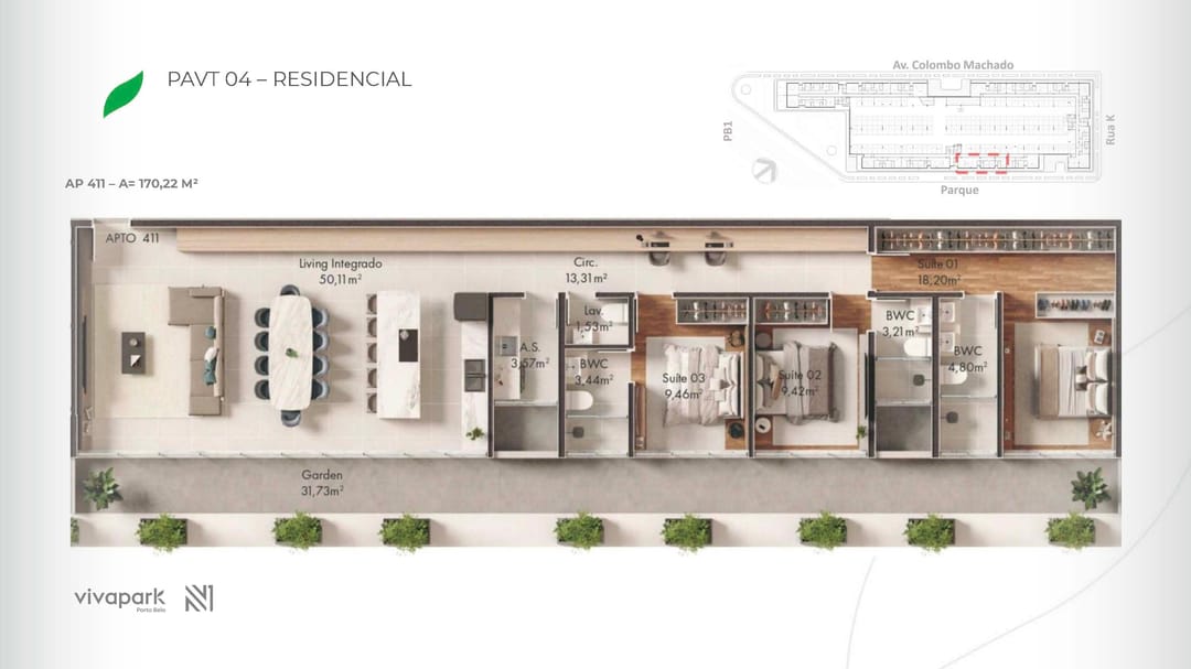 Embasamento · Apto 411 · planta humanizada · Vision · Vivapark Porto Belo