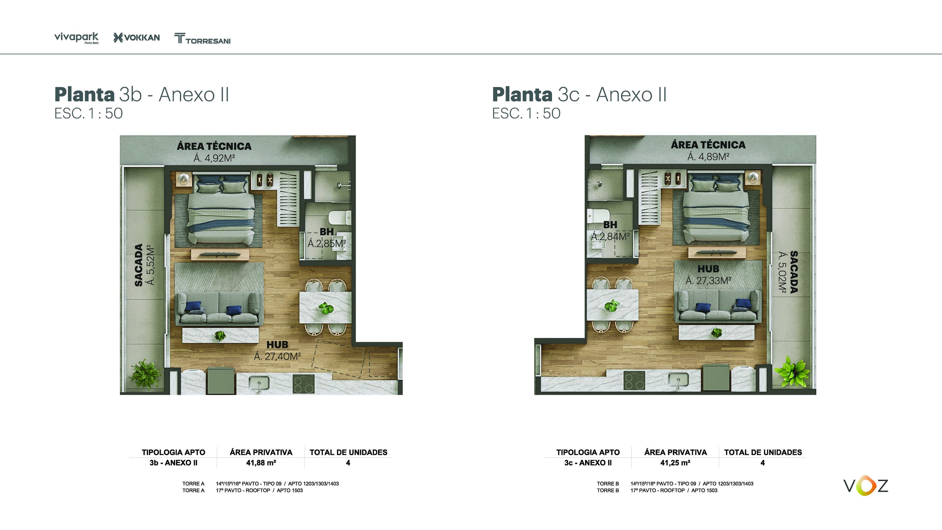 Plantas 3b e 3c Anexo II · 41,88 / 41,25 m² · A: 1203, 1303, 1403, 1503 · B: 1203, 1303, 1403, 1503 · Voz · Vivapark Porto Belo