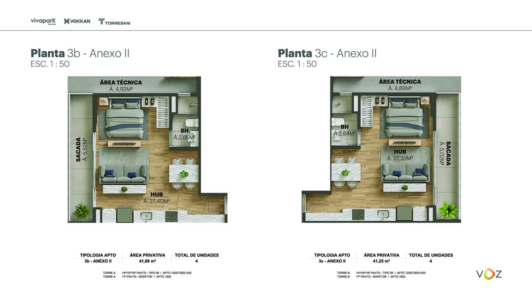 Plantas 3b e 3c Anexo II · 41,88 / 41,25 m² · A: 1203, 1303, 1403, 1503 · B: 1203, 1303, 1403, 1503 · Voz · Vivapark Porto Belo