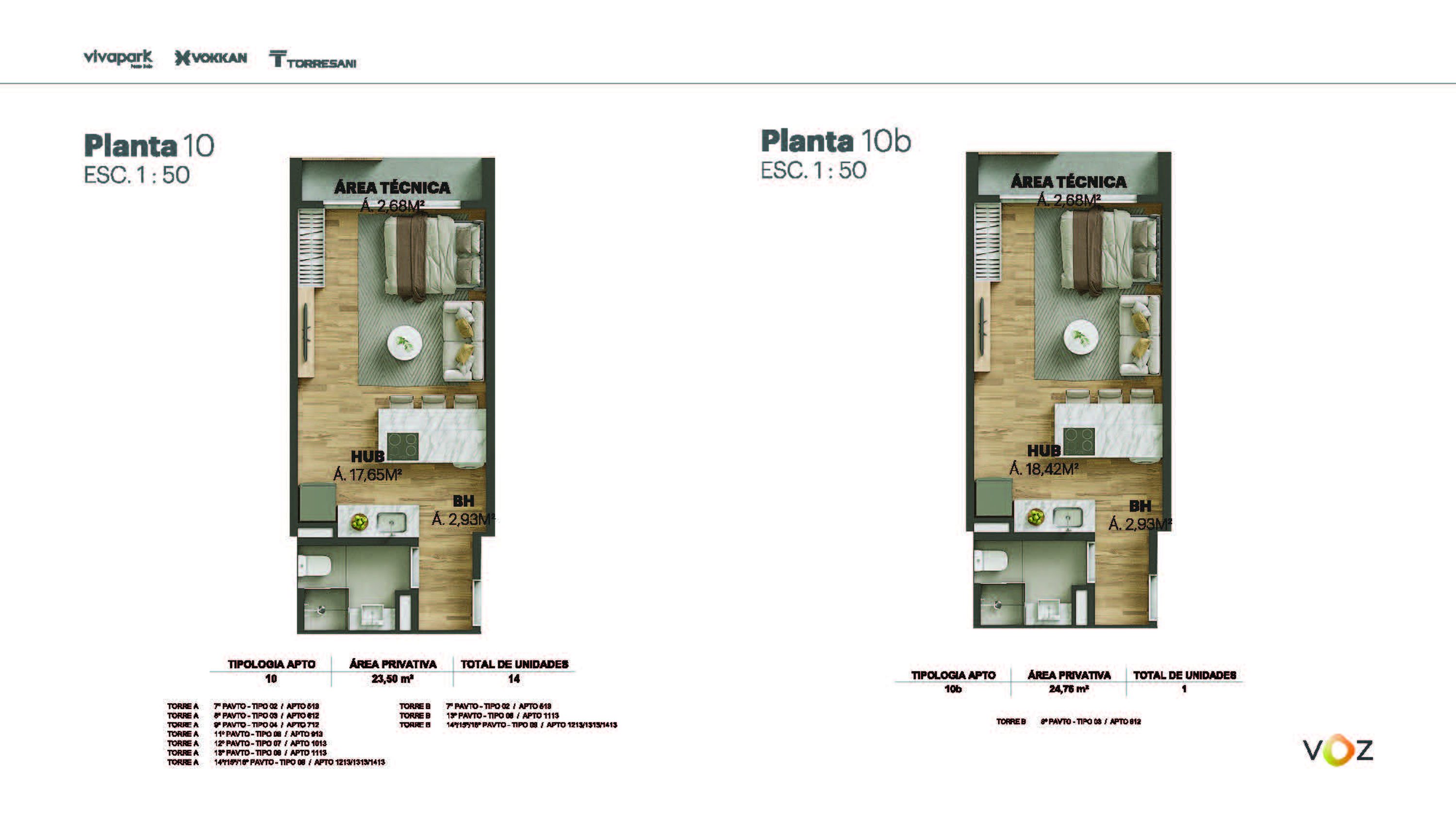 Plantas 10 e 10b · 23,50 / 24,75 m² · A: 513, 612, 712, 913, 1013, 1113, 1213/1313/1413 · B: 513, 1113, 1213/1313/1413 · 10b: B 612 · Voz · Vivapark Porto Belo