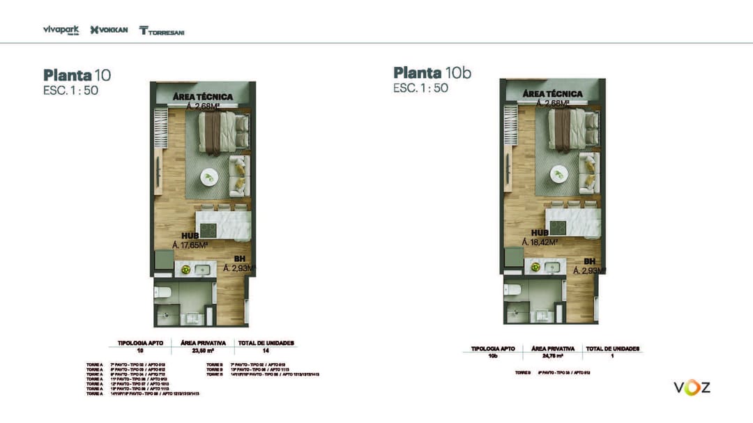 Plantas 10 e 10b · 23,50 / 24,75 m² · A: 513, 612, 712, 913, 1013, 1113, 1213/1313/1413 · B: 513, 1113, 1213/1313/1413 · 10b: B 612 · Voz · Vivapark Porto Belo