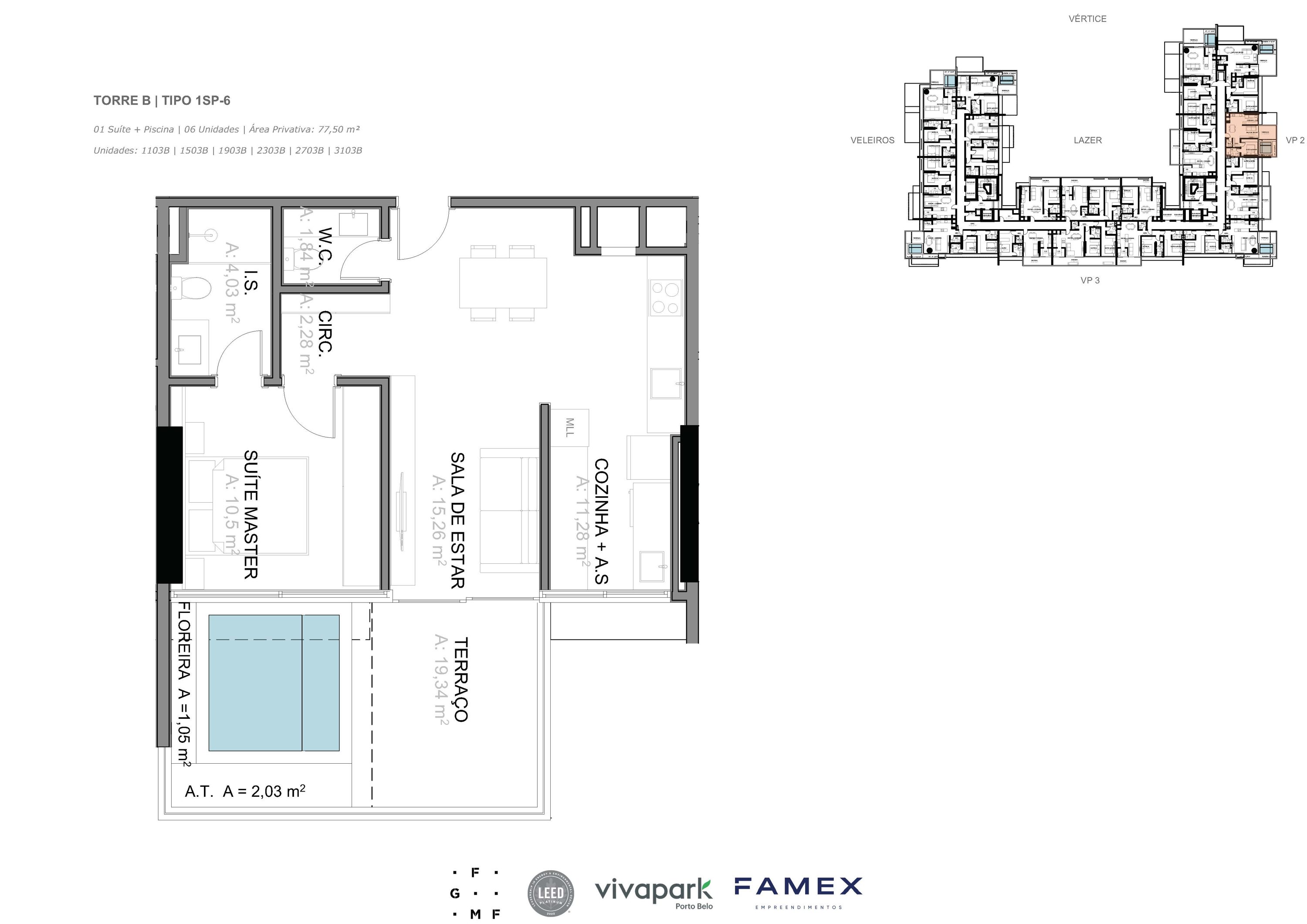 Torre B · Tipo 1SP-6 · 01 Suíte + Piscina · 77,50 m²