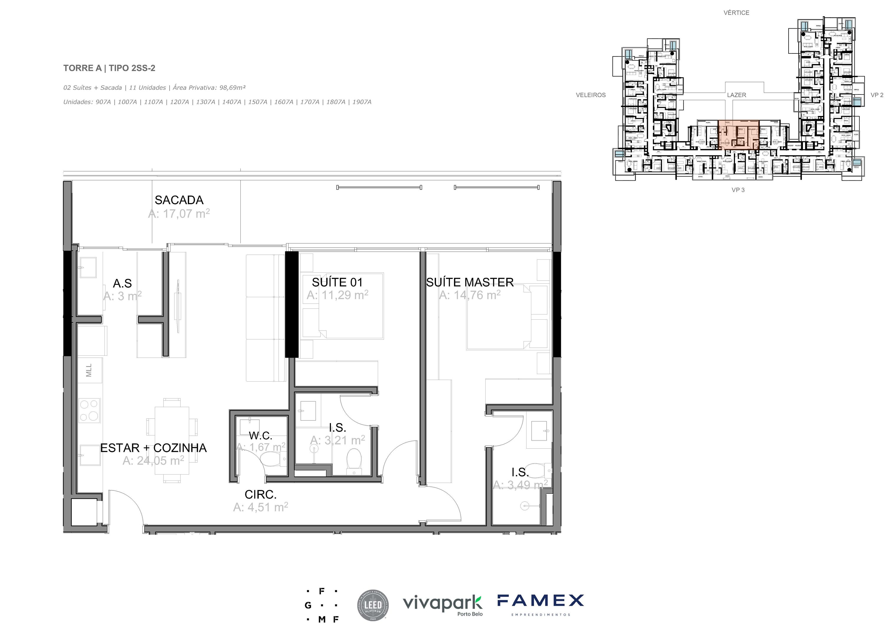 Torre A · Tipo 2SS-2 · 02 Suítes + Sacada · 98,69 m²