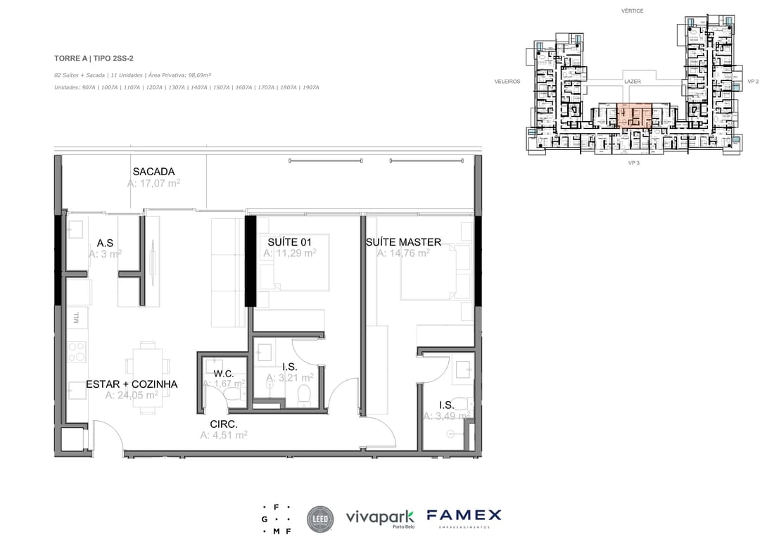 Torre A · Tipo 2SS-2 · 02 Suítes + Sacada · 98,69 m² · VITTA 27 · Vivapark Porto Belo