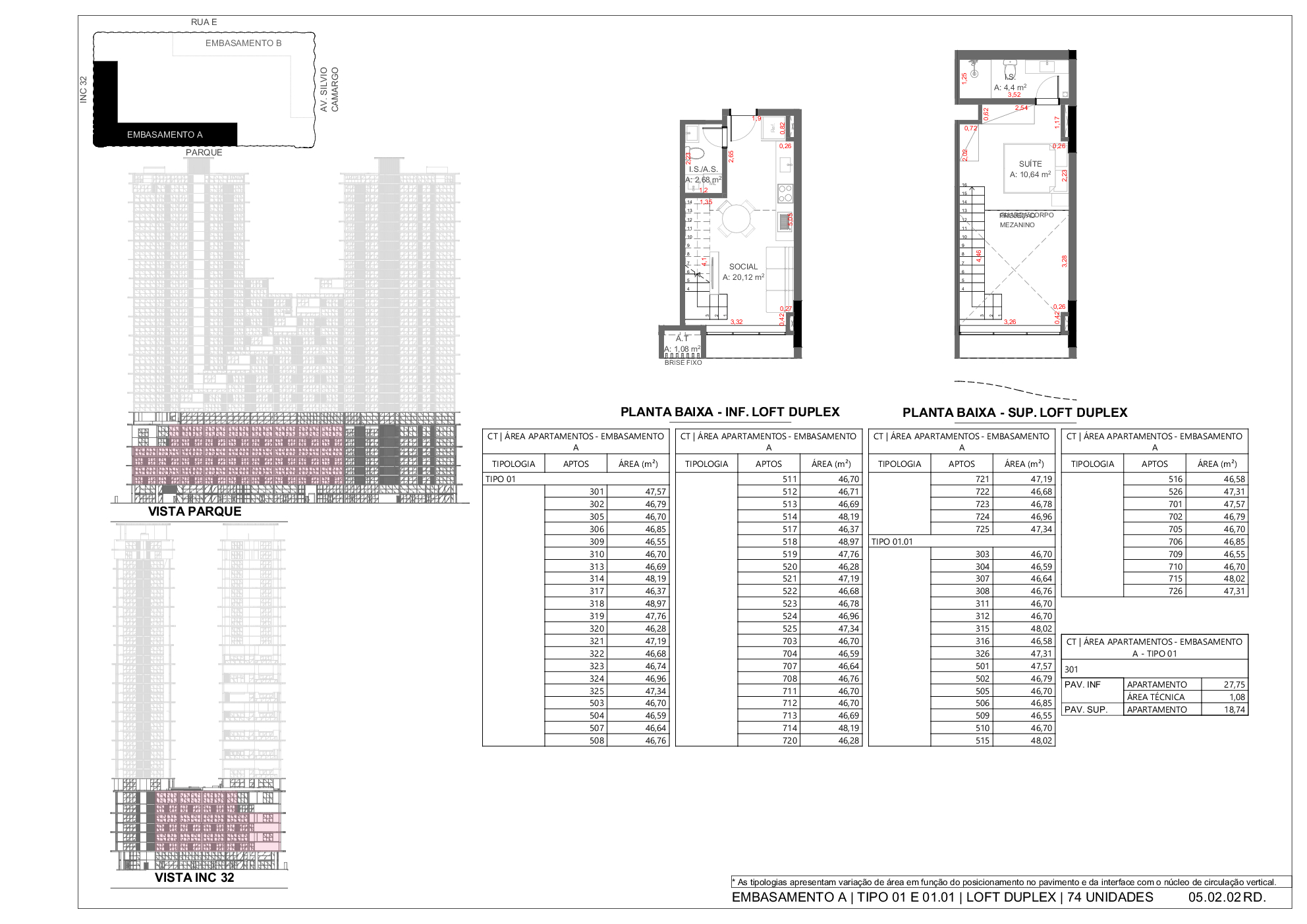 Embasamento A – Tipo 01/01.01 Loft Duplex – planta inferior/superior e áreas · INC 31 · Vivapark Porto Belo