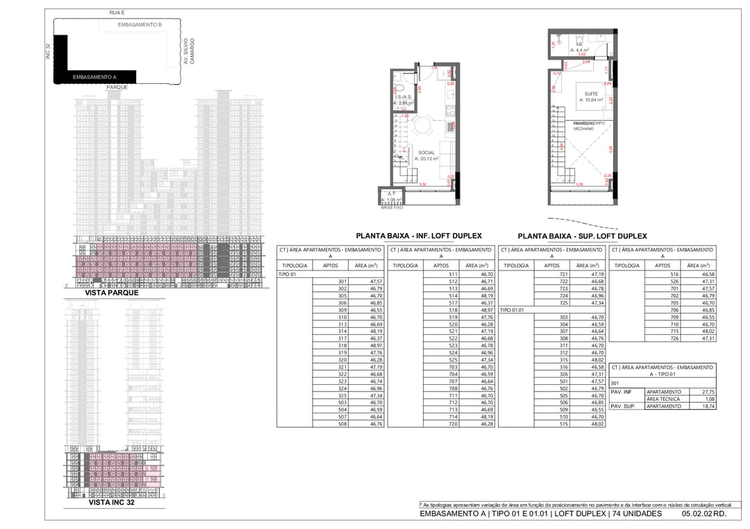 Embasamento A – Tipo 01/01.01 Loft Duplex – planta inferior/superior e áreas · INC 31 · Vivapark Porto Belo