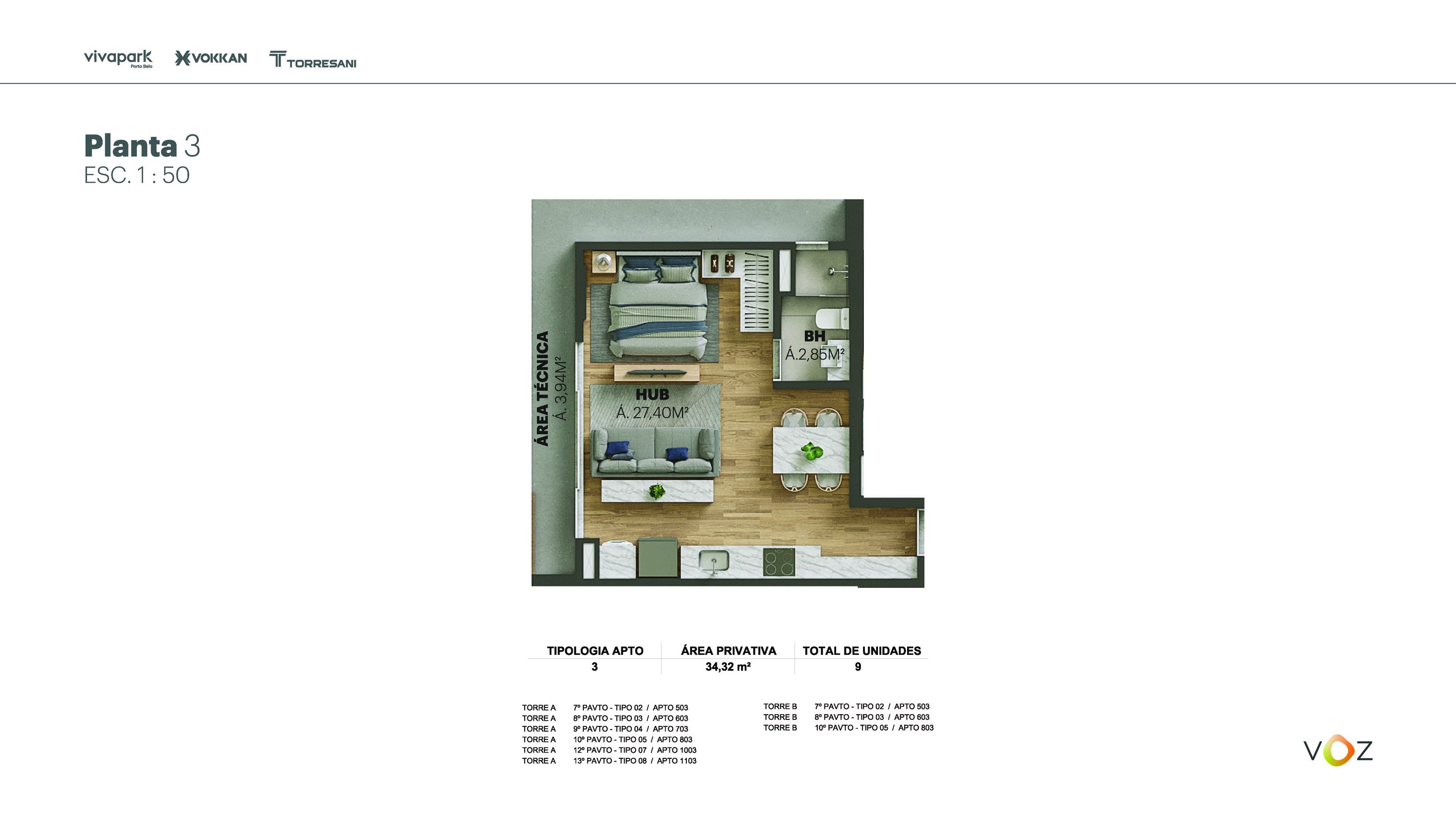 Planta da construtora · Planta 3 · Studio · 34,32 m² · Voz · 703 B · Vivapark Porto Belo