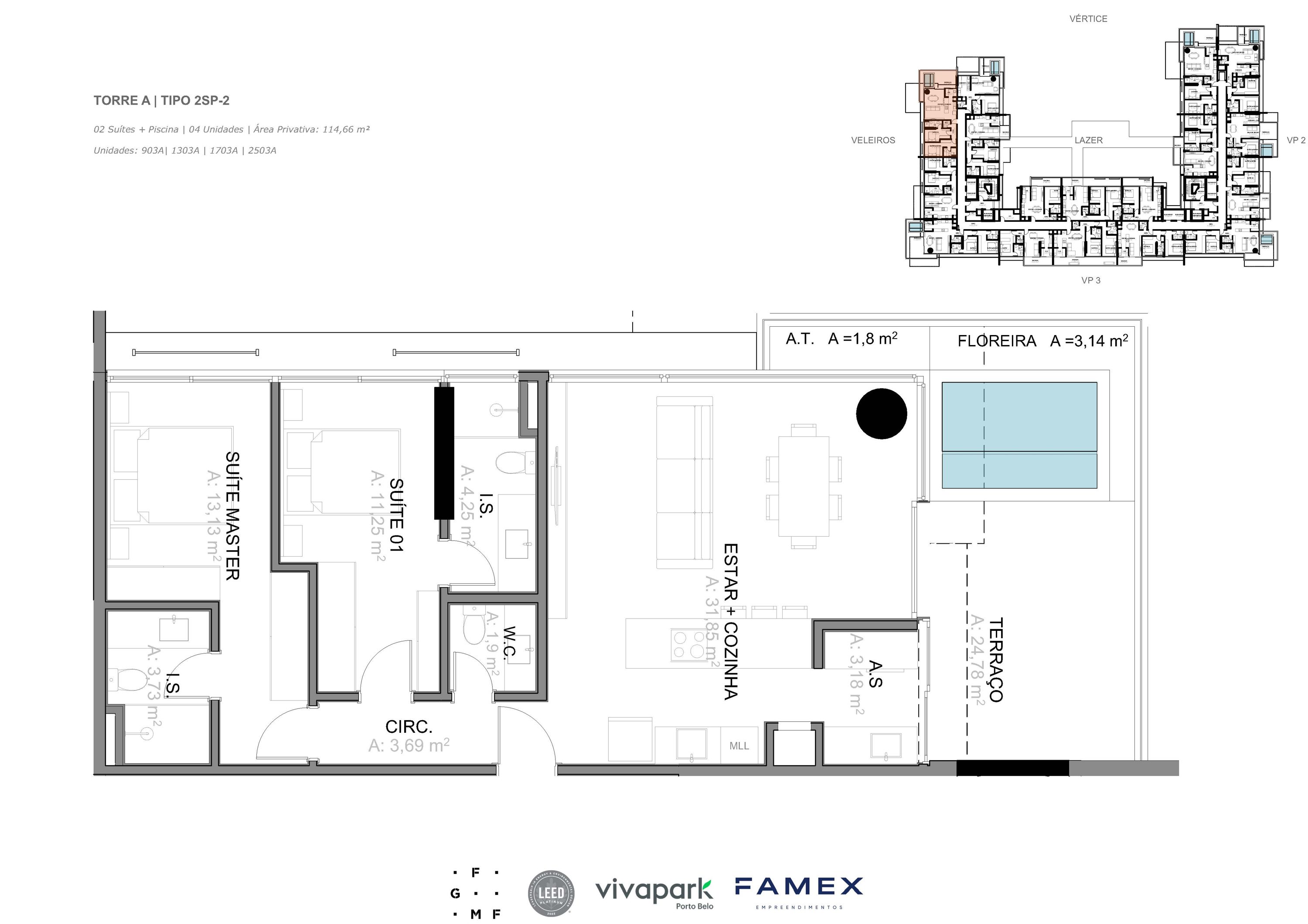 Torre A · Tipo 2SP-2 · 02 Suítes + Piscina · 114,66 m²