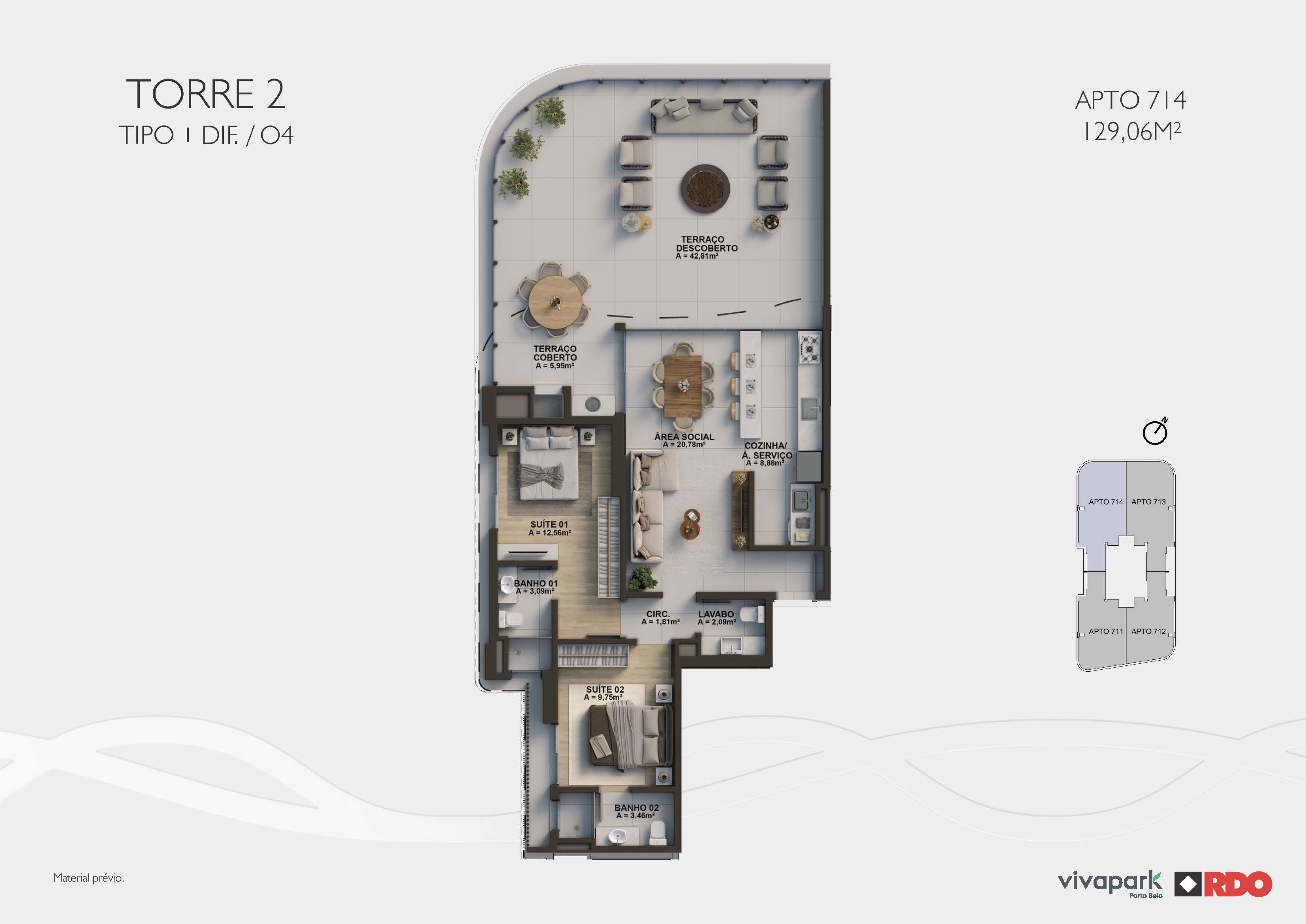 Torre 2 · Tipo 1 dif. O4 · Apto 714 · 129,06 m²