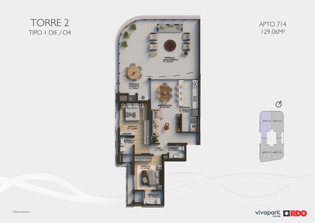 Torre 2 · Tipo 1 dif. O4 · Apto 714 · 129,06 m² · Valence · Vivapark Porto Belo