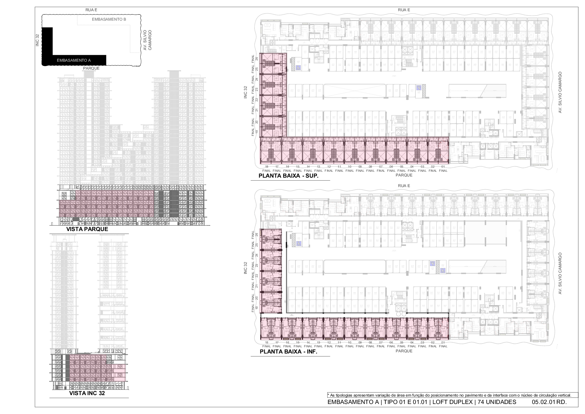 Embasamento A – Tipo 01/01.01 Loft Duplex – planta dos pavimentos (74 un.)