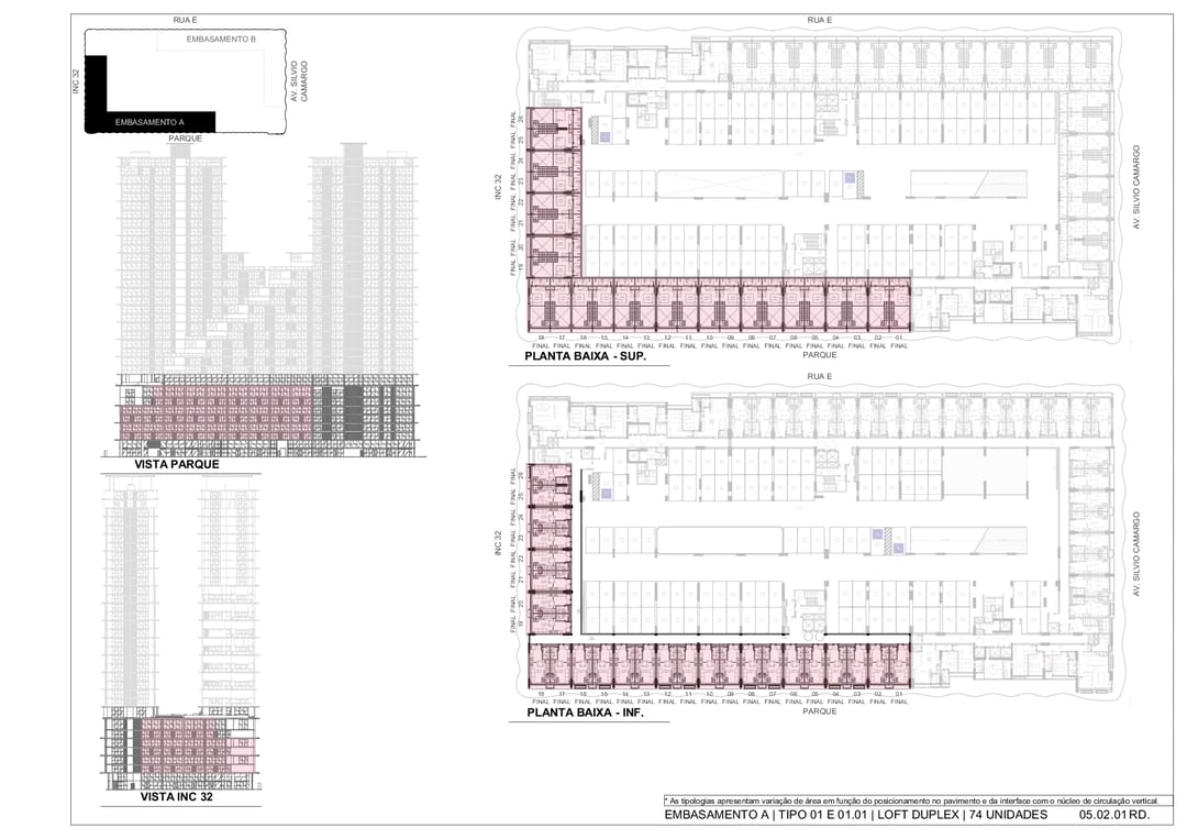 Embasamento A – Tipo 01/01.01 Loft Duplex – planta dos pavimentos (74 un.) · INC 31 · Vivapark Porto Belo