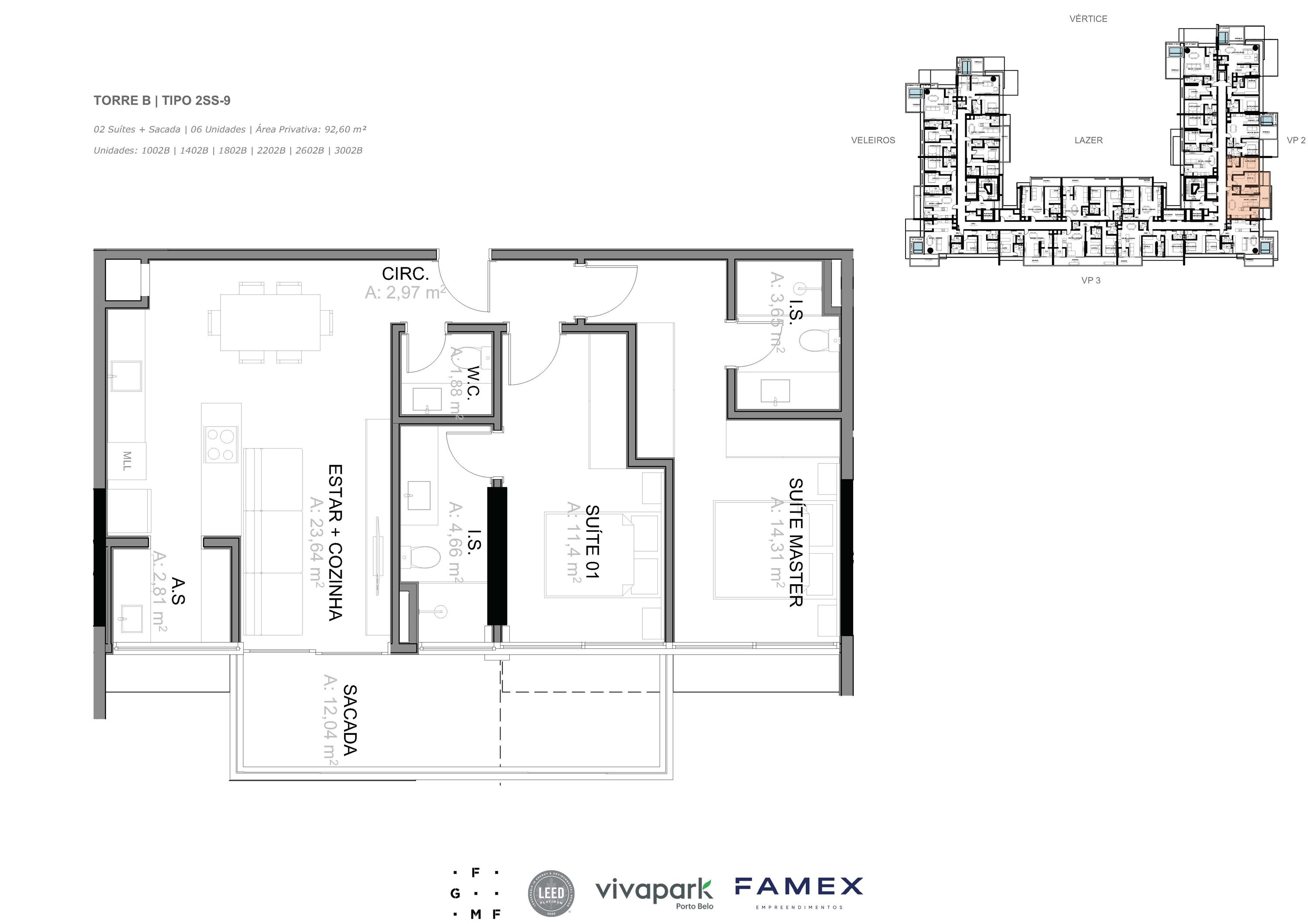 Torre B · Tipo 2SS-9 · 02 Suítes + Sacada · 92,60 m²