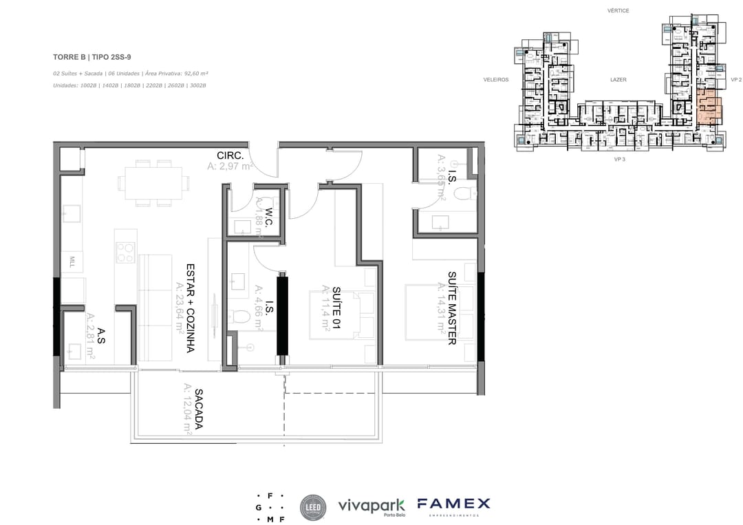 Torre B · Tipo 2SS-9 · 02 Suítes + Sacada · 92,60 m² · VITTA 27 · Vivapark Porto Belo