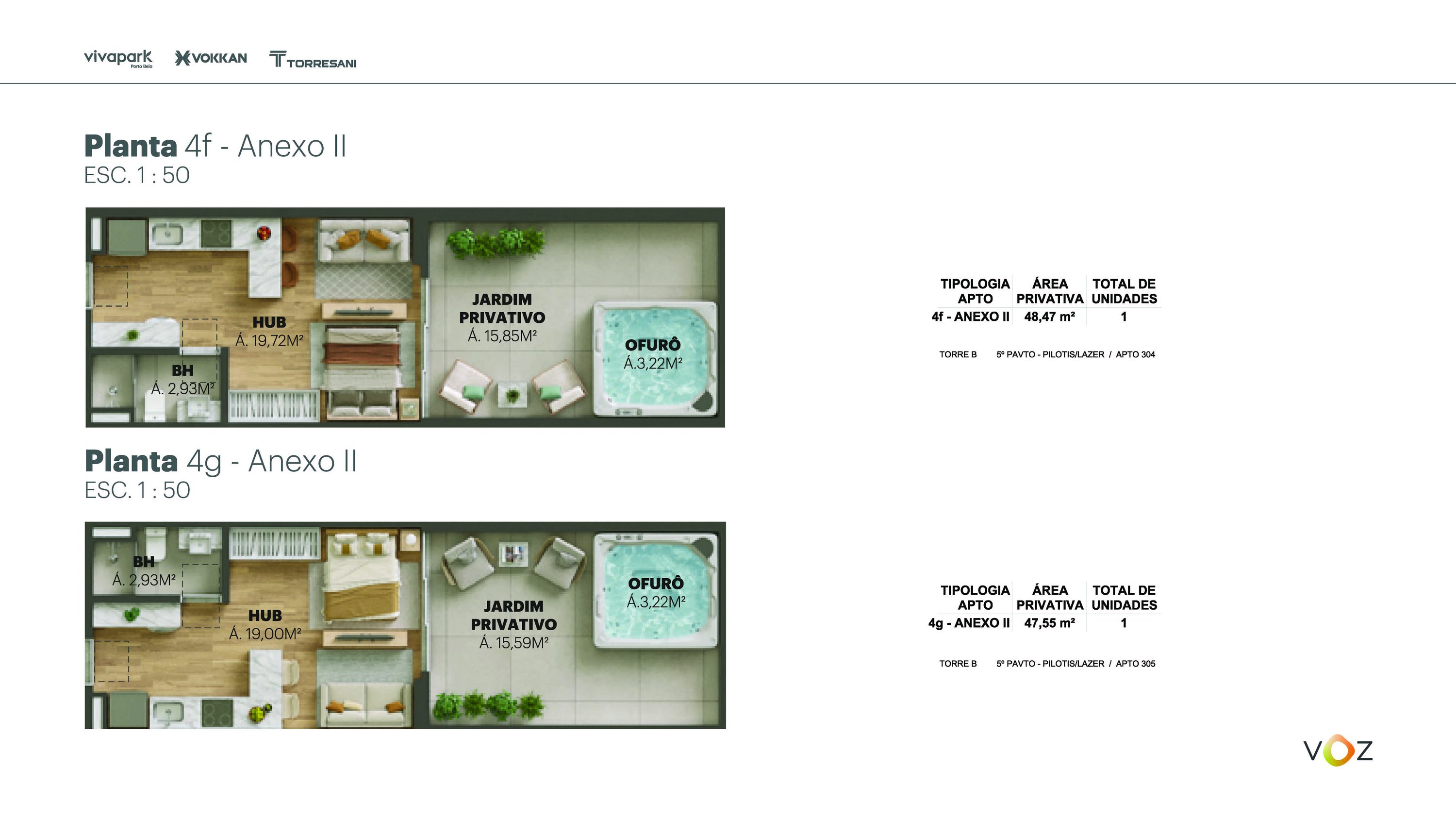 Plantas 4f e 4g Anexo II · 48,47 / 47,55 m² · B: 304, 305 · Voz · Vivapark Porto Belo