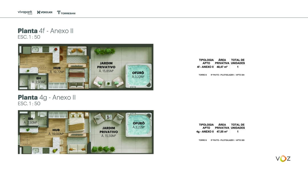 Plantas 4f e 4g Anexo II · 48,47 / 47,55 m² · B: 304, 305 · Voz · Vivapark Porto Belo