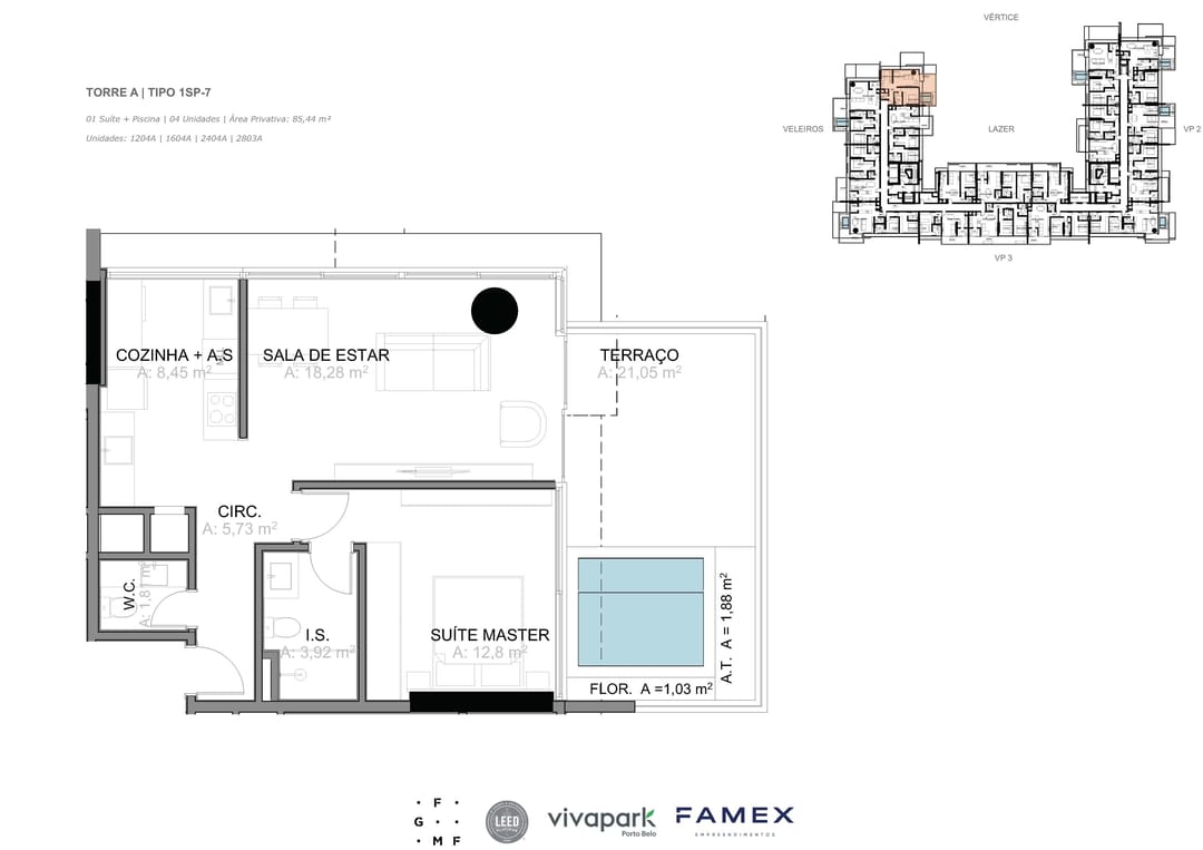 Torre A · Tipo 1SP-7 · 01 Suíte + Piscina · 85,44 m² · VITTA 27 · Vivapark Porto Belo