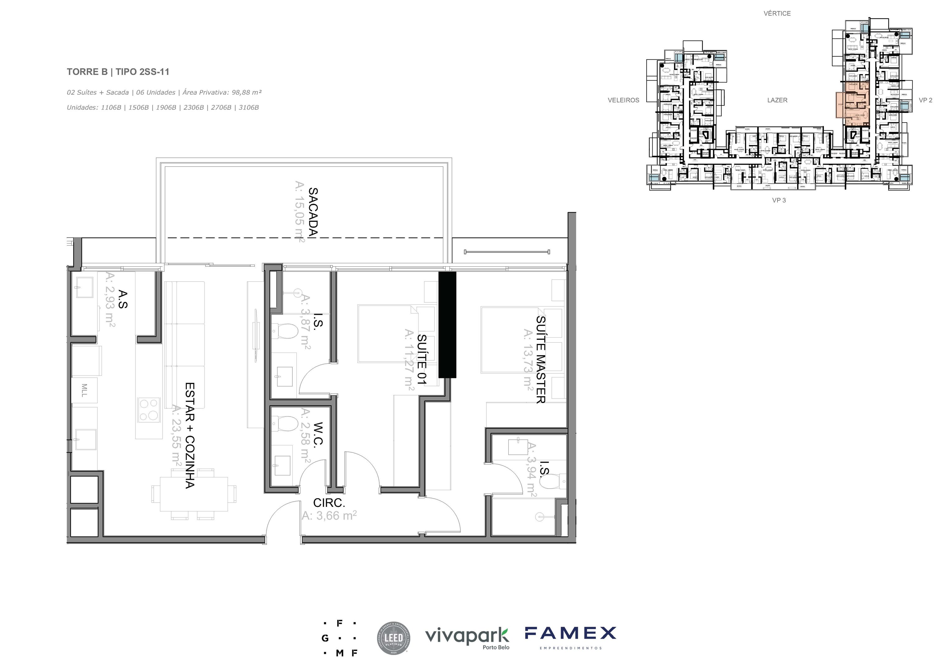Torre B · Tipo 2SS-11 · 02 Suítes + Sacada · 98,88 m²