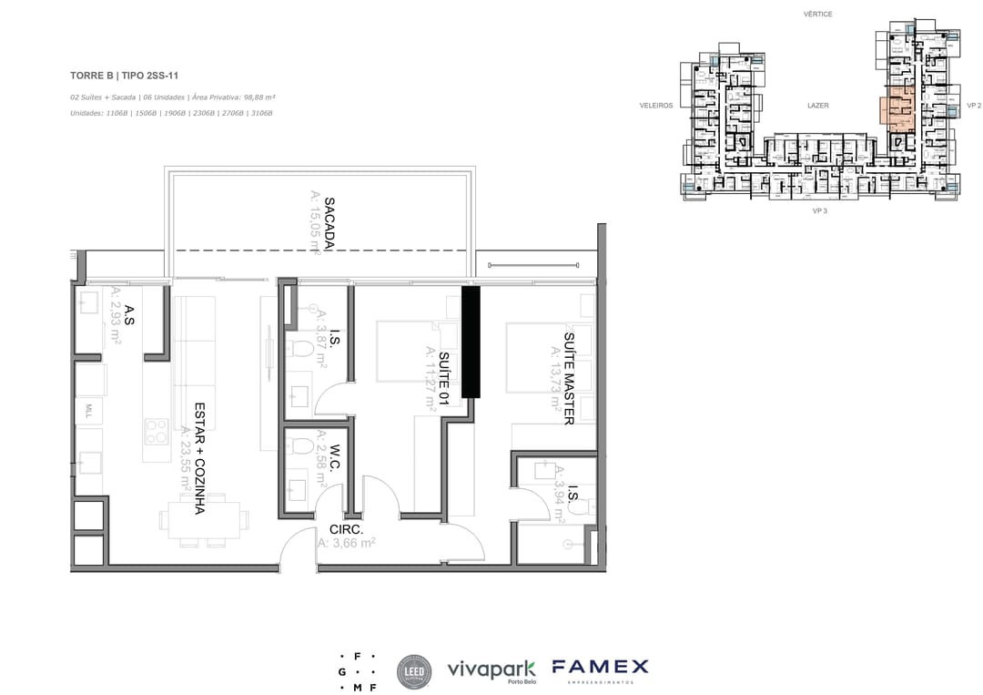 Torre B · Tipo 2SS-11 · 02 Suítes + Sacada · 98,88 m² · VITTA 27 · Vivapark Porto Belo