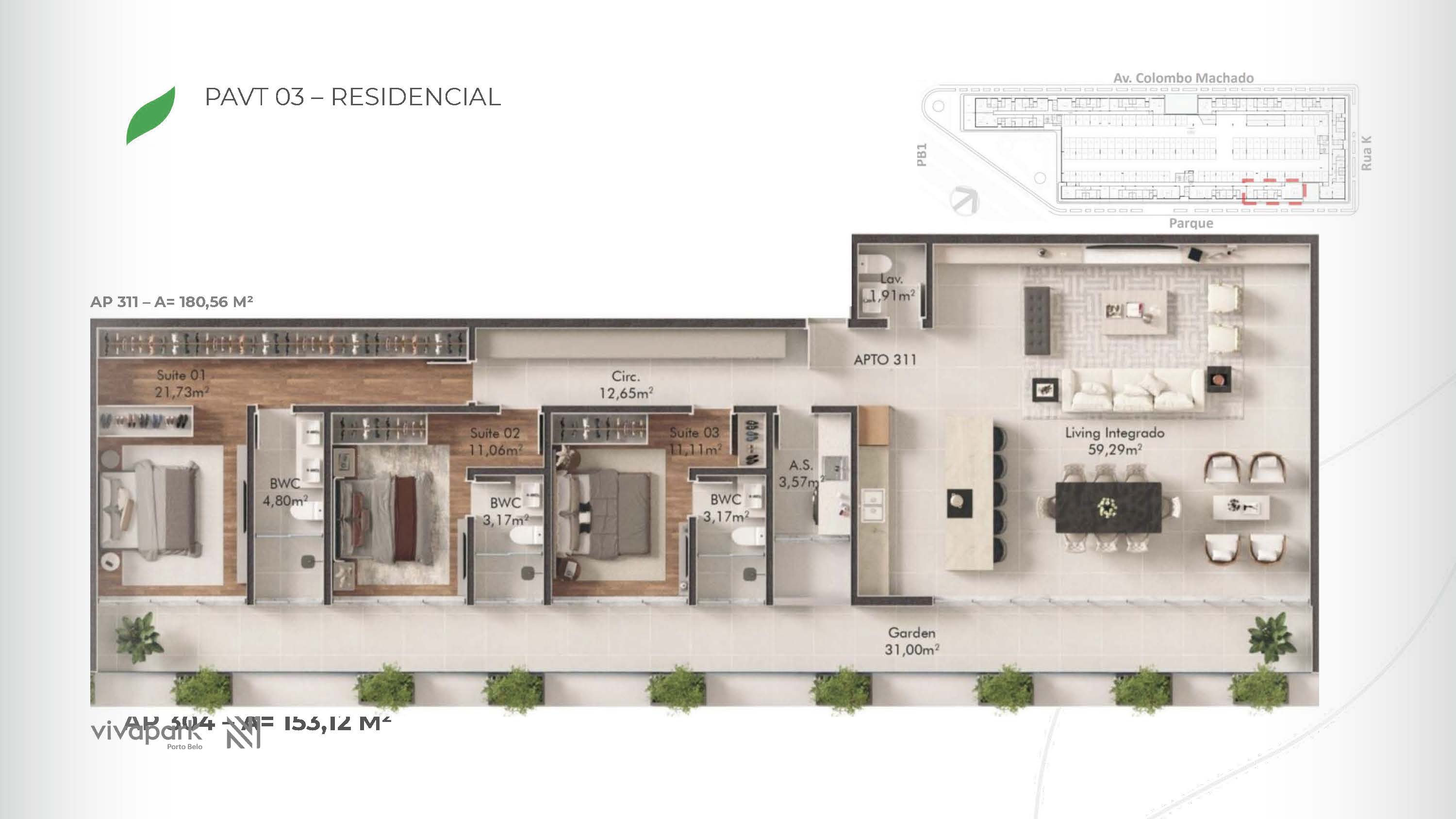 Base · Apt 311 · rendered floor plan · Vision · Vivapark Porto Belo