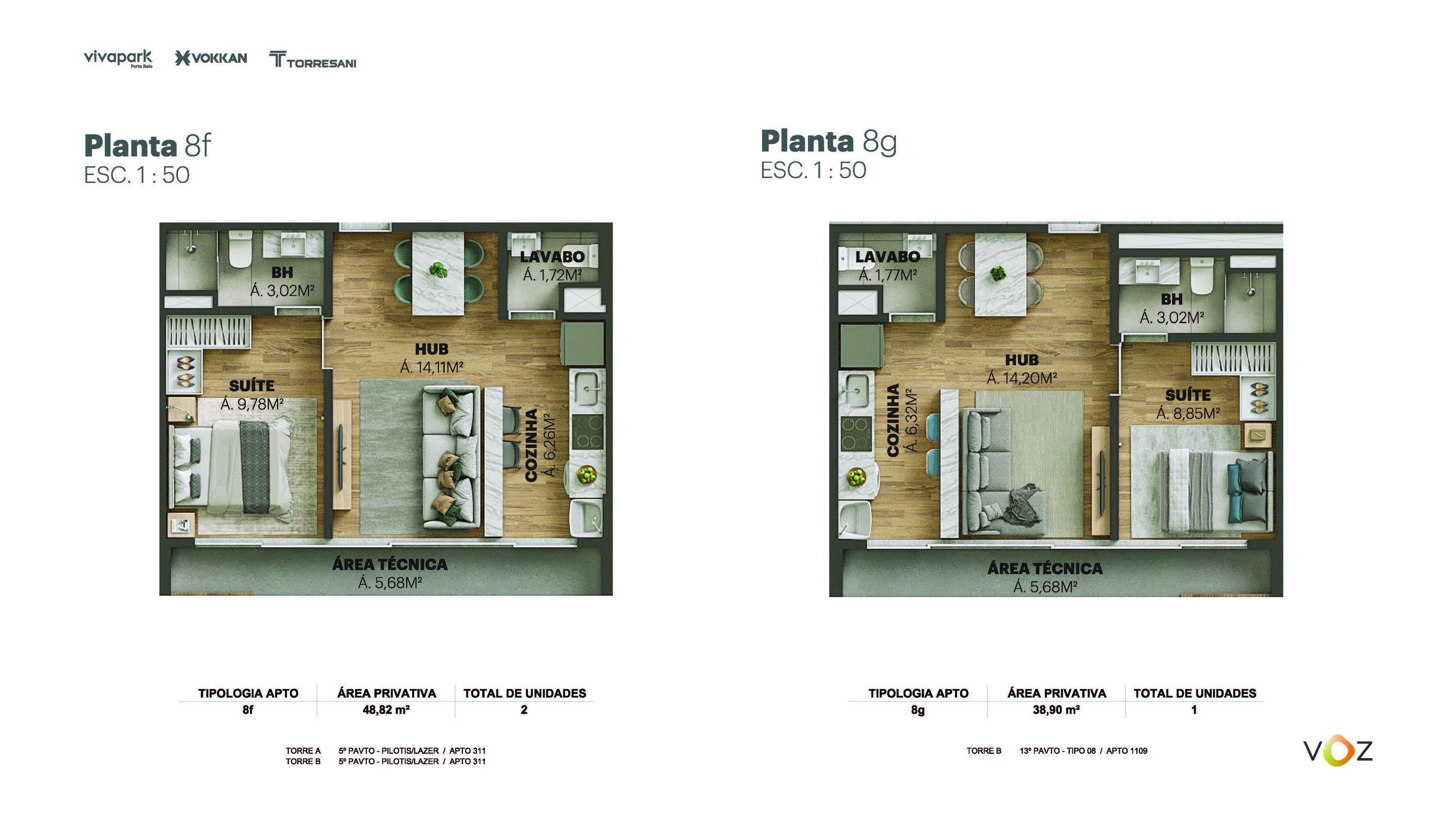 Plantas 8f e 8g · 48,82 / 38,90 m² · A e B: 311 · B: 1109 · Voz · Vivapark Porto Belo