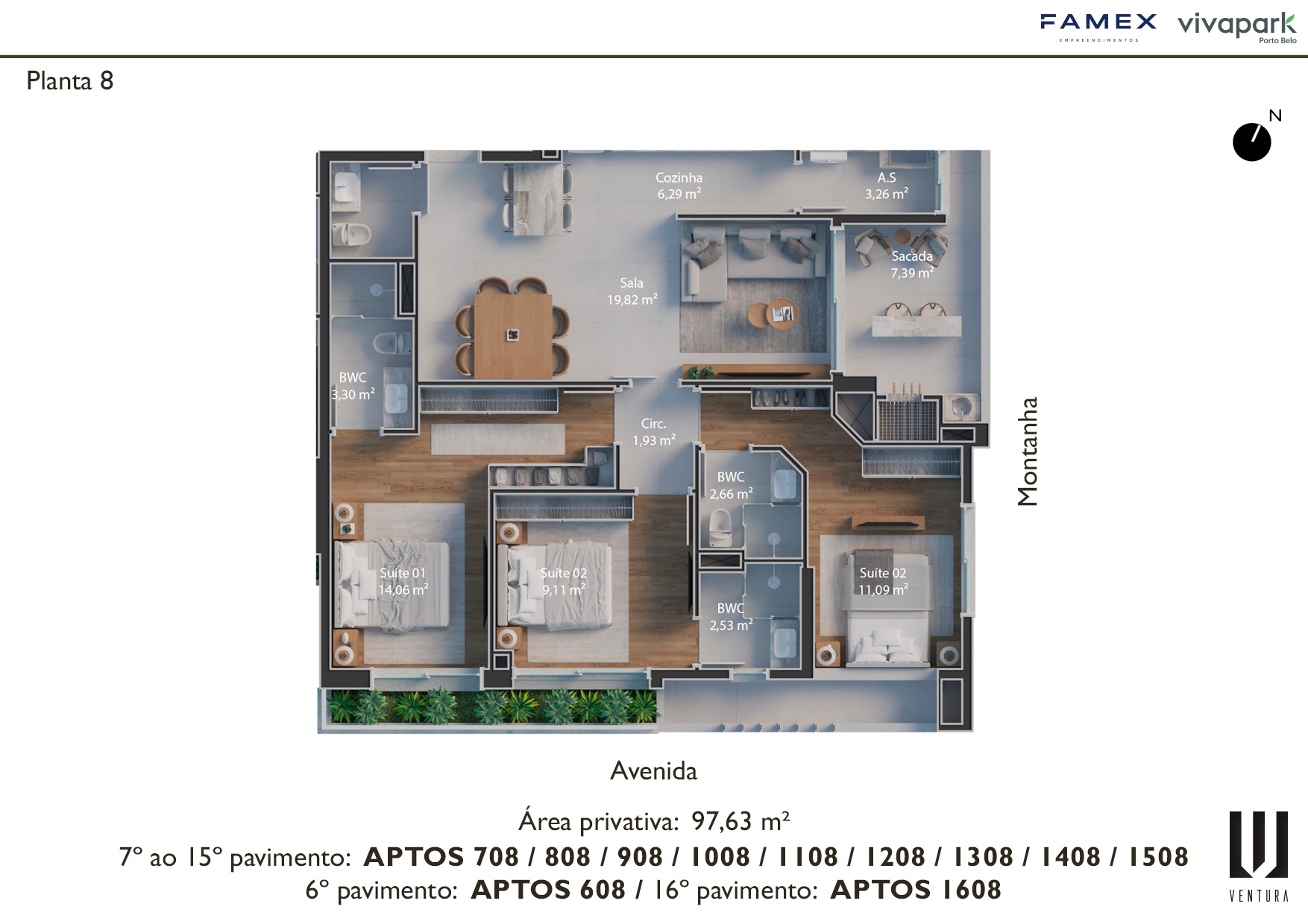 Floor plan 8 · unit endings 08 (608, 708 to 1508, 1608) · 97.63 m² · Ventura · Vivapark Porto Belo