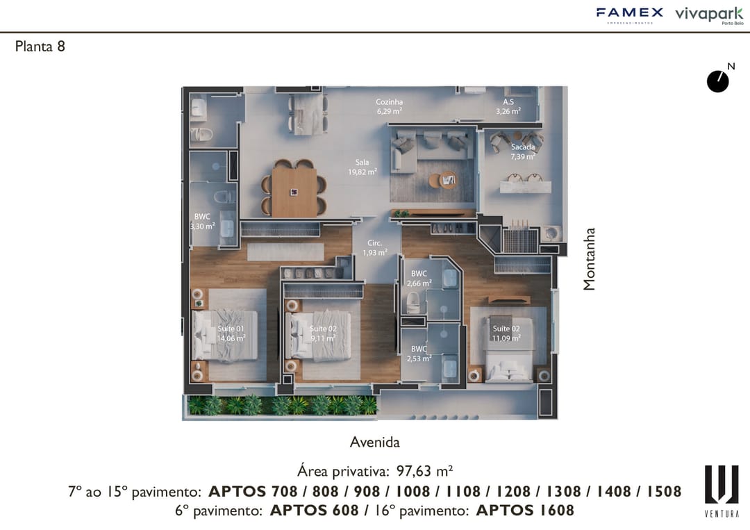 Planta 8 · finais 08 (608, 708 ao 1508, 1608) · 97,63 m² · Ventura · Vivapark Porto Belo