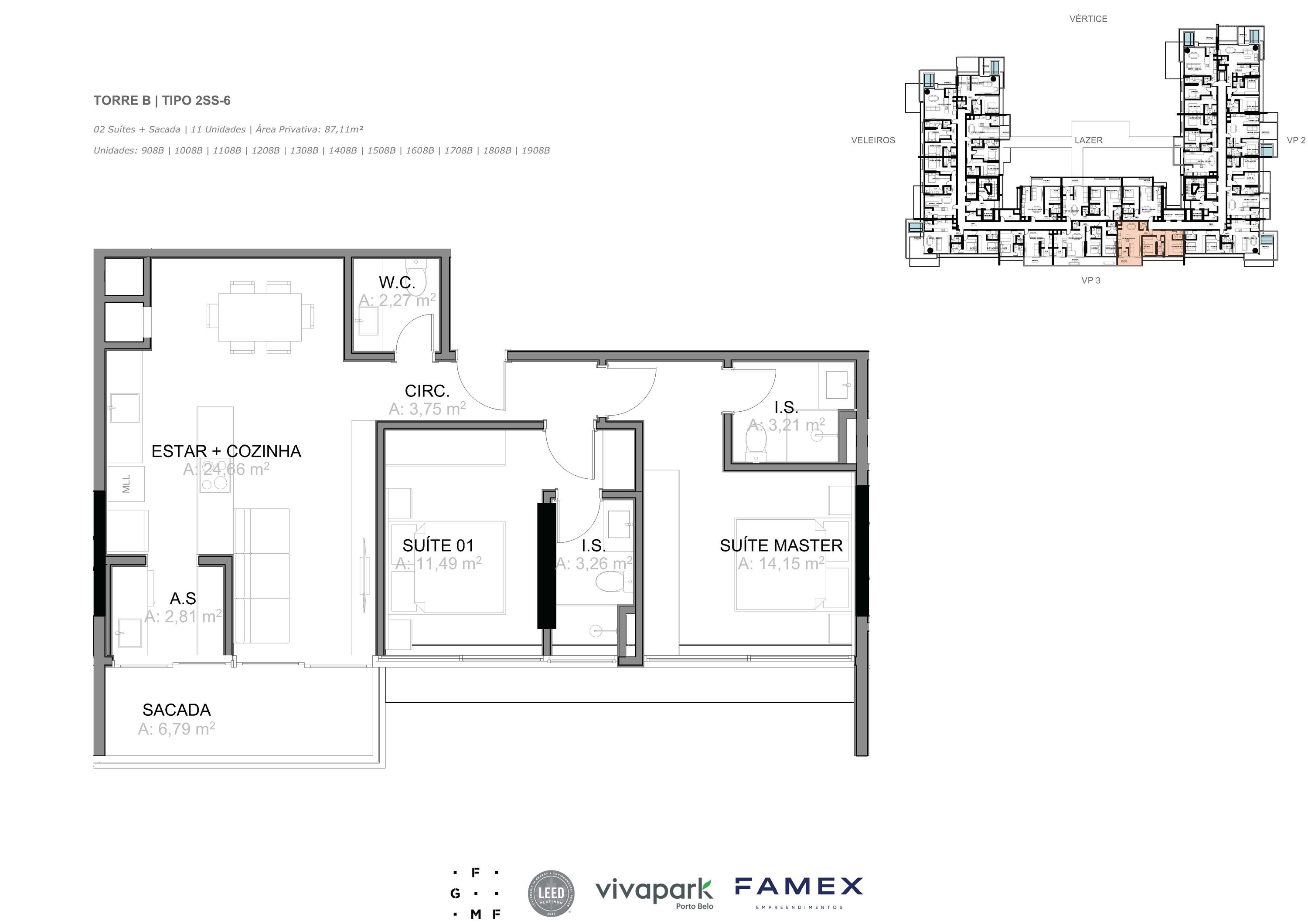 Torre B · Tipo 2SS-6 · 02 Suítes + Sacada · 87,11 m²