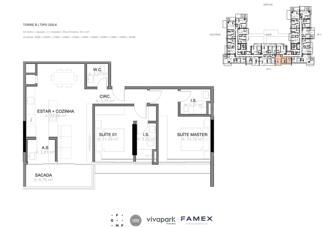 Torre B · Tipo 2SS-6 · 02 Suítes + Sacada · 87,11 m² · VITTA 27 · Vivapark Porto Belo