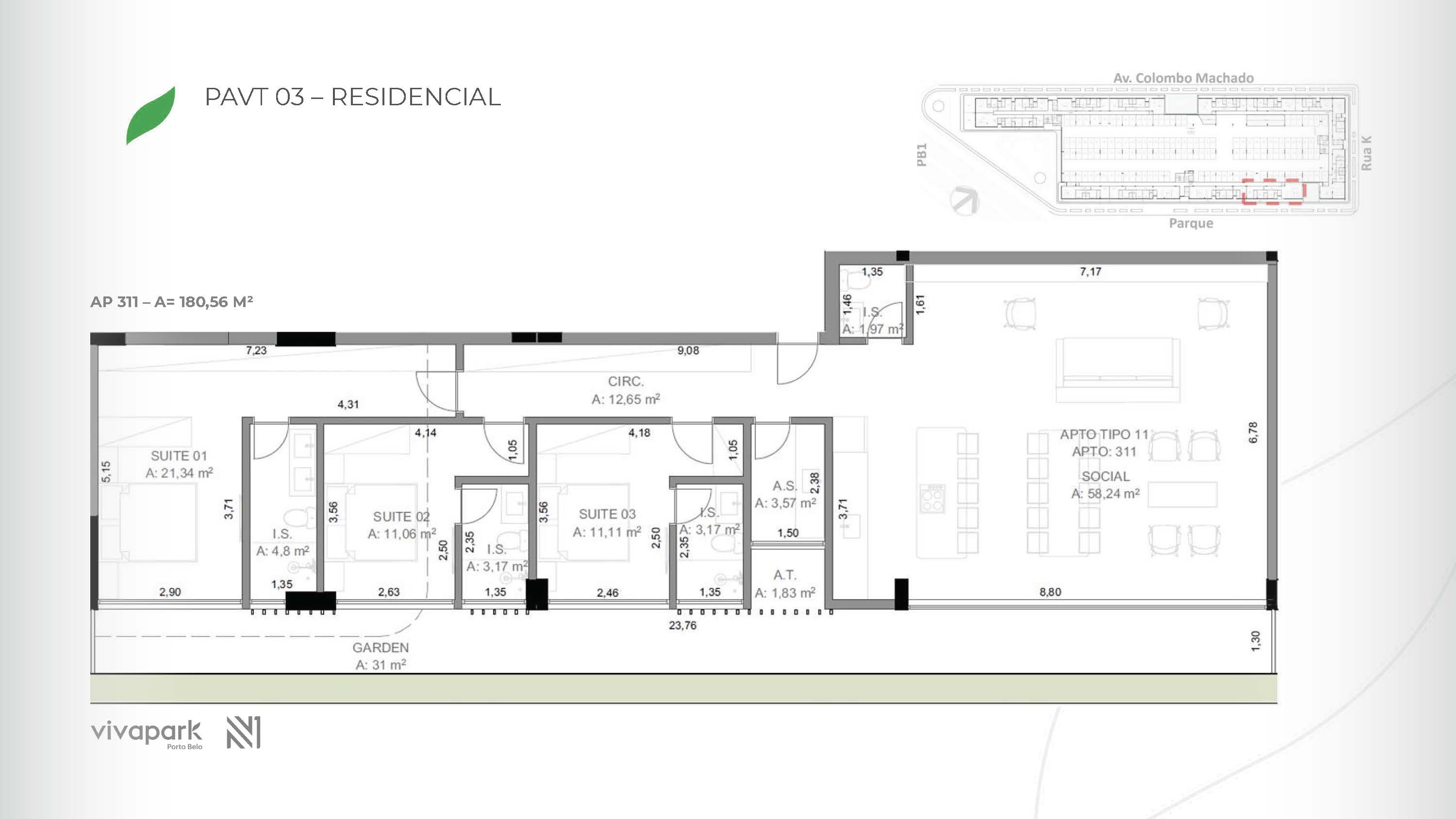 Base · Apt 311 · technical floor plan · Vision · Vivapark Porto Belo