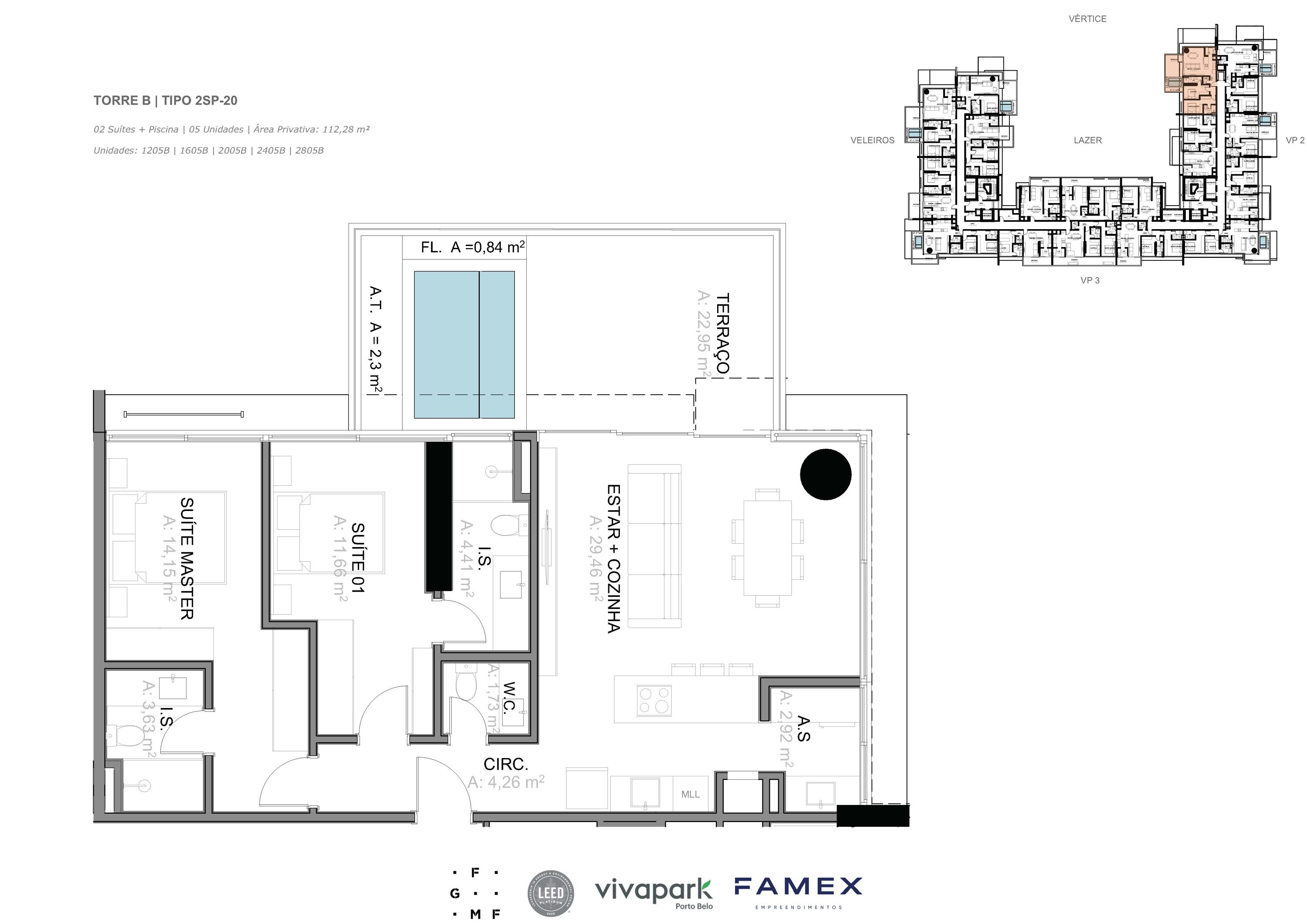 Torre B · Tipo 2SP-20 · 02 Suítes + Piscina · 112,28 m² · VITTA 27 · Vivapark Porto Belo