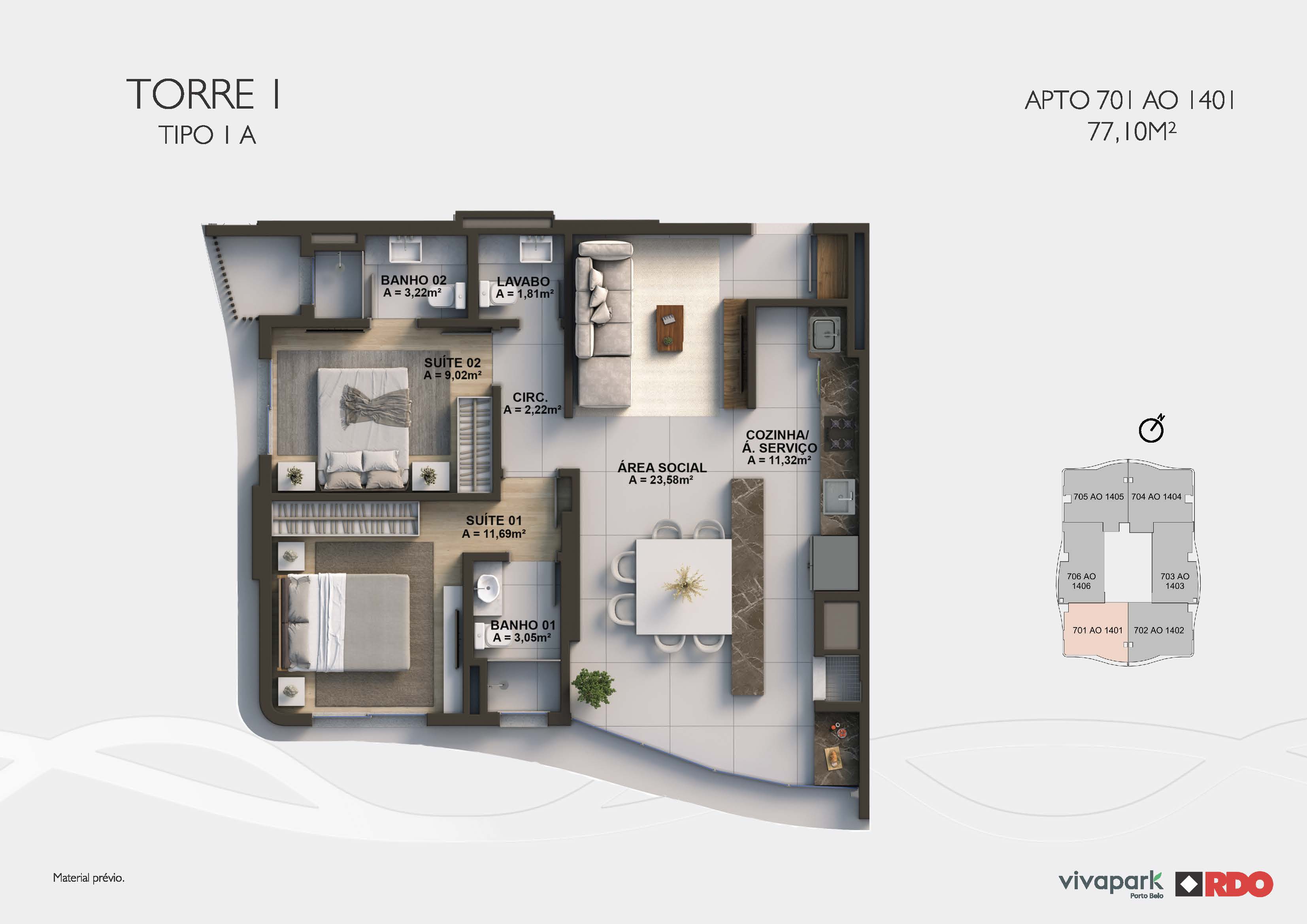 Torre 1 · Tipo 1A · 701 ao 1401 · 77,10 m²