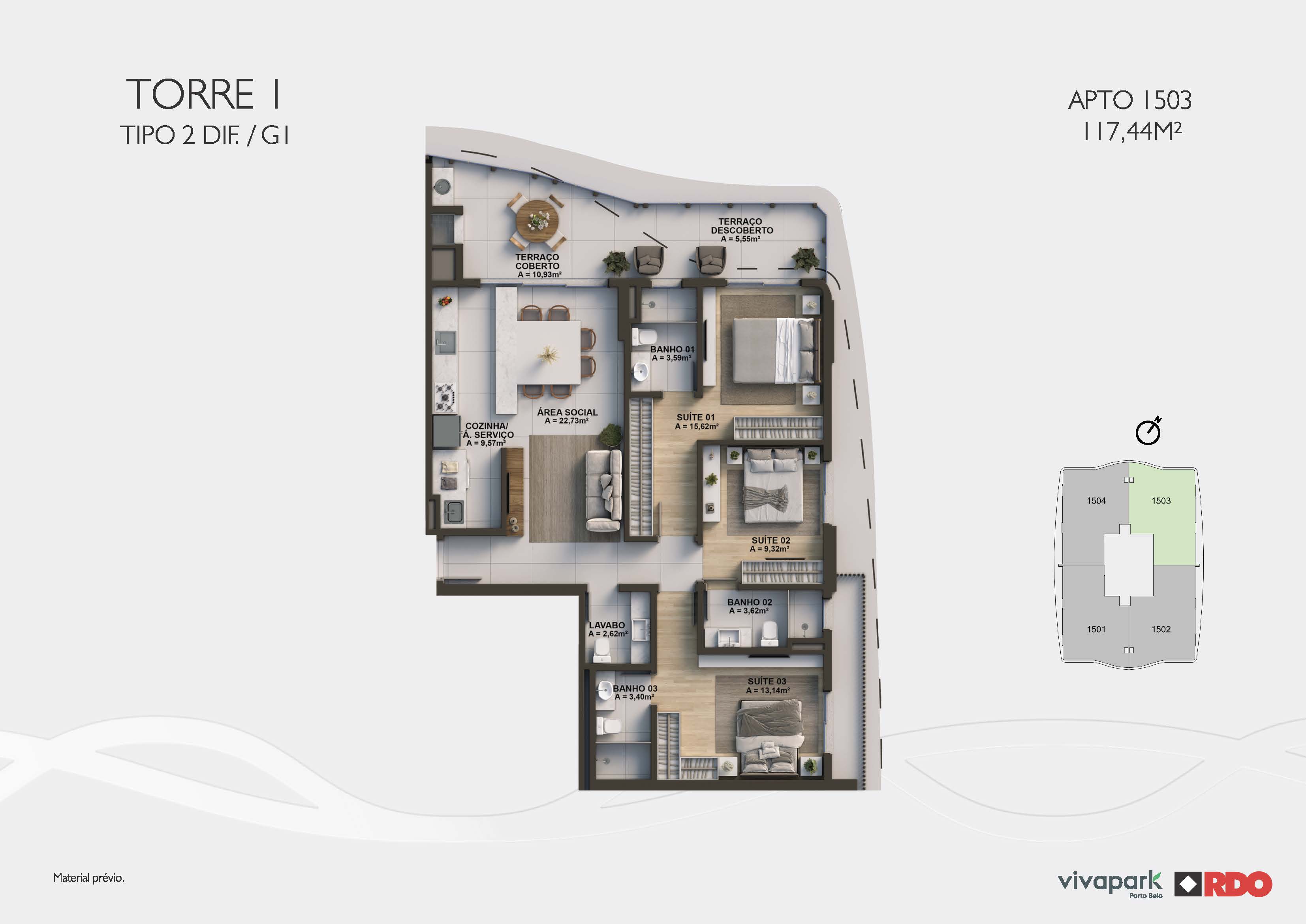 Torre 1 · Tipo 2 dif. G1 · Apto 1503 · 117,44 m²
